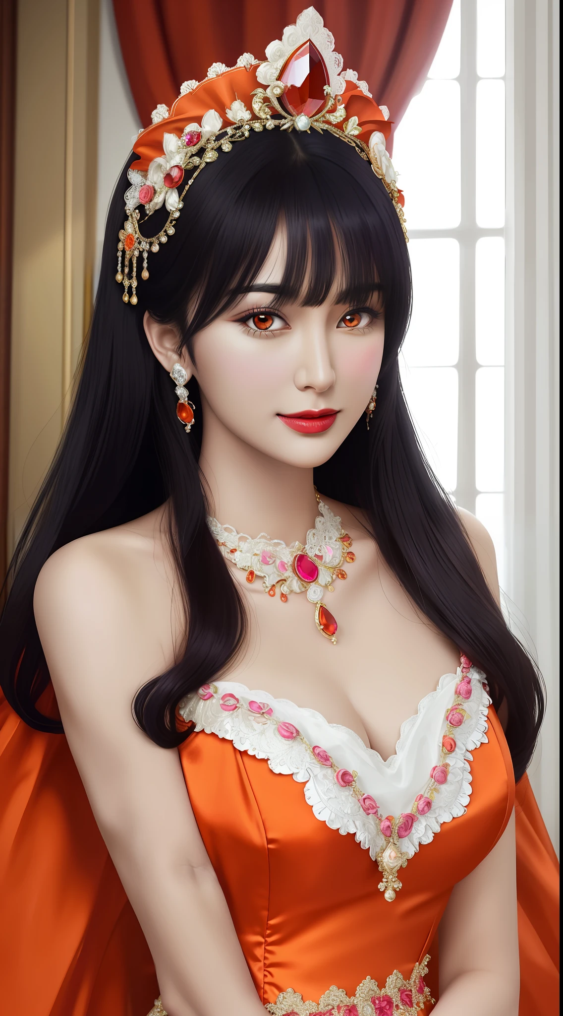 1 beautiful mature girl, looking at viewer, upper body, realistic,real girl, gentle girl, Girly, smooth pink and white skin, Front bangs, large breasts and round, excessively frilled princess dress, draped clothes, flawless face, jewelry, high nose, ornament, flower, lace trim, beautiful big and round orange eyes, sharp eyebrows, very sharp and detailed peacock eyelashes and makeup,orange red lipstick, Smile without opening your lips, long silky black hair and jewelry clips, masterpiece, best quality, 8k, detailed skin texture, detailed cloth texture, beautiful detailed face, intricate details, ultra detailed, rim lighting, side lighting, cinematic light, ultra high res, 8k uhd, film grain,best shadow, delicate, RAW photo, detailed and clear images, extremely sharp images,