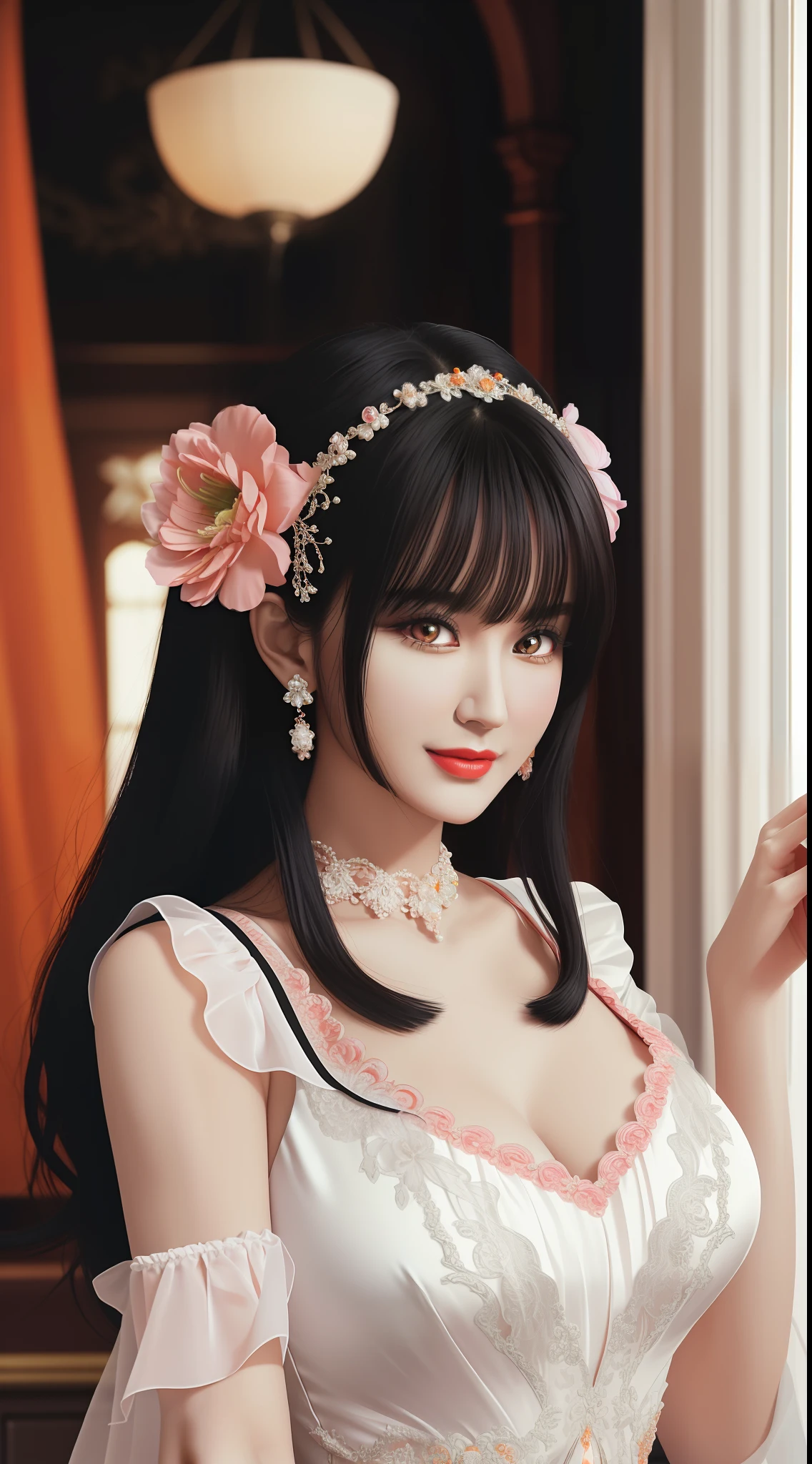 1 beautiful mature girl, looking at viewer, upper body, realistic,real girl, gentle girl, Girly, smooth pink and white skin, Front bangs, large breasts and round, excessively frilled princess dress, draped clothes, flawless face, jewelry, high nose, ornament, flower, lace trim, beautiful big and round orange eyes, sharp eyebrows, very sharp and detailed peacock eyelashes and makeup,orange red lipstick, Smile without opening your lips, long silky black hair and jewelry clips, masterpiece, best quality, 8k, detailed skin texture, detailed cloth texture, beautiful detailed face, intricate details, ultra detailed, rim lighting, side lighting, cinematic light, ultra high res, 8k uhd, film grain,best shadow, delicate, RAW photo, detailed and clear images, extremely sharp images,