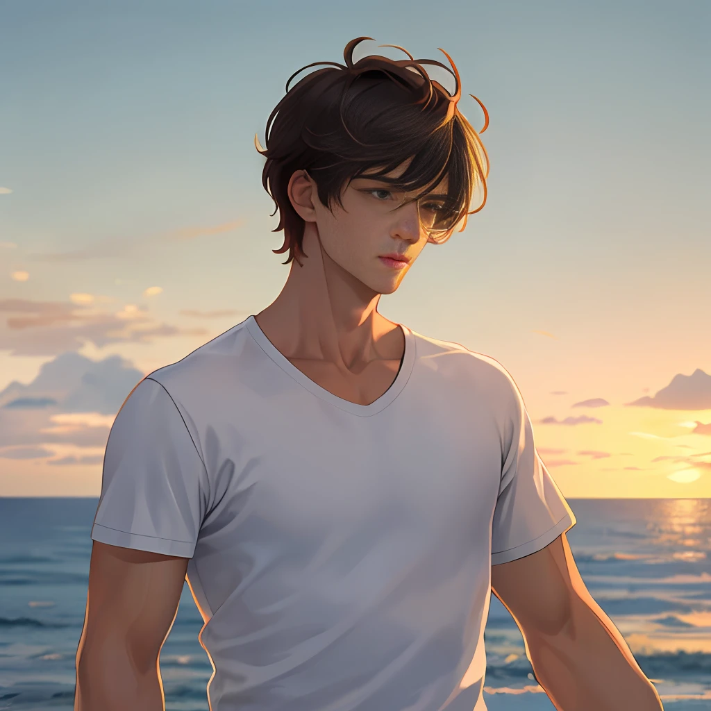 masterpiece, exquisite, one-boy, solo, sea, handsome, white shirt, bust up