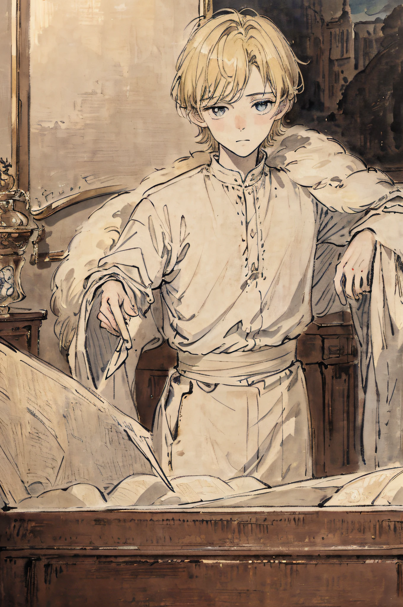 Masterpiece, top quality, , very delicate and beautiful boy, very delicate and beautiful, super definition, top quality, blonde, high-resolution, very elaborate, boy, best quality, illustration, viewer watching, luxurious western room, impasto, oil painting, realism, realistic, short bob