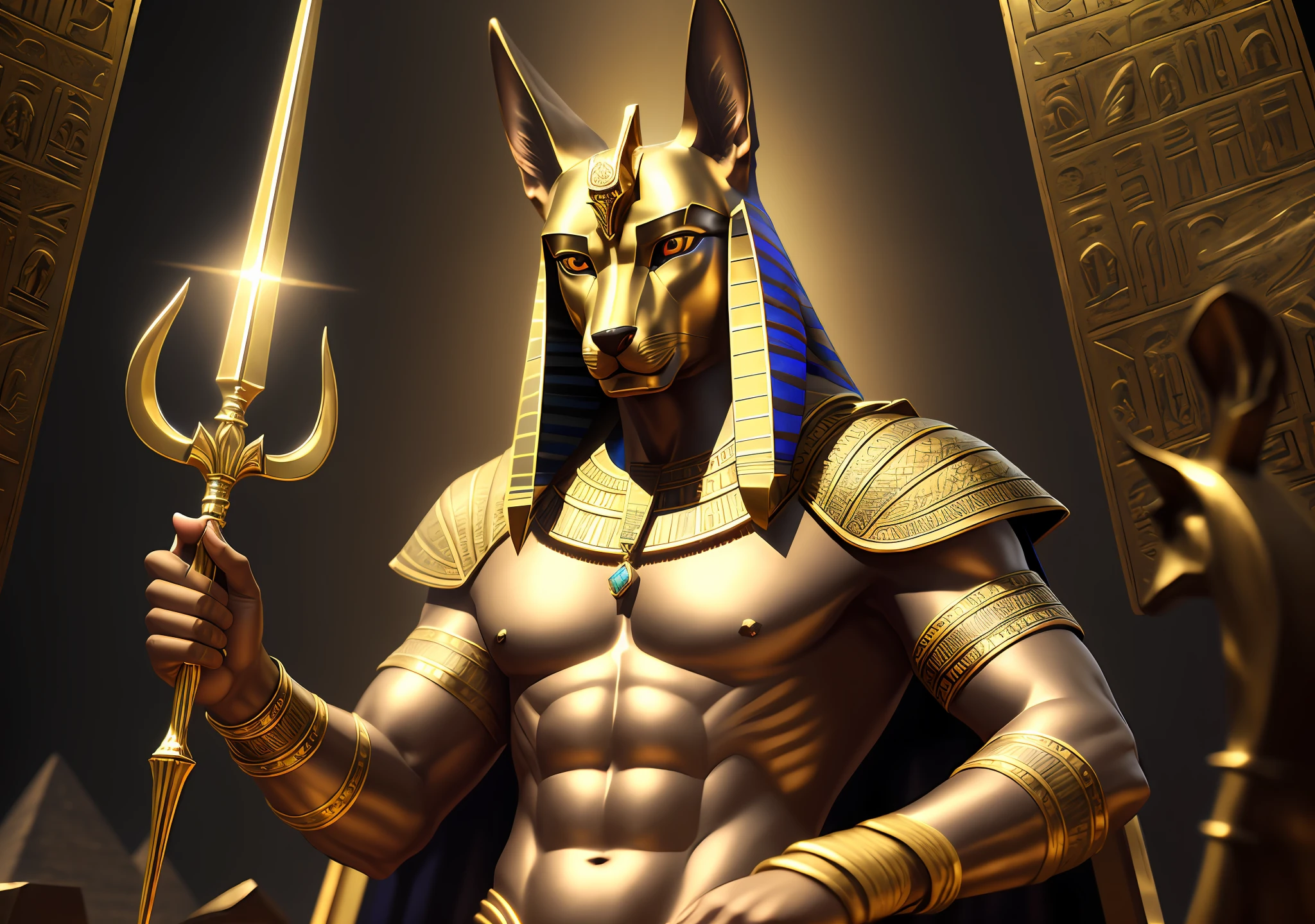 (cinematic), (8k), (ultrarealistic), (ultra-detailed), oil painting, Anubis, Egyptian god, jackal-headed man's body, pyramids of Egypt, jewelry, scepter --auto --s2