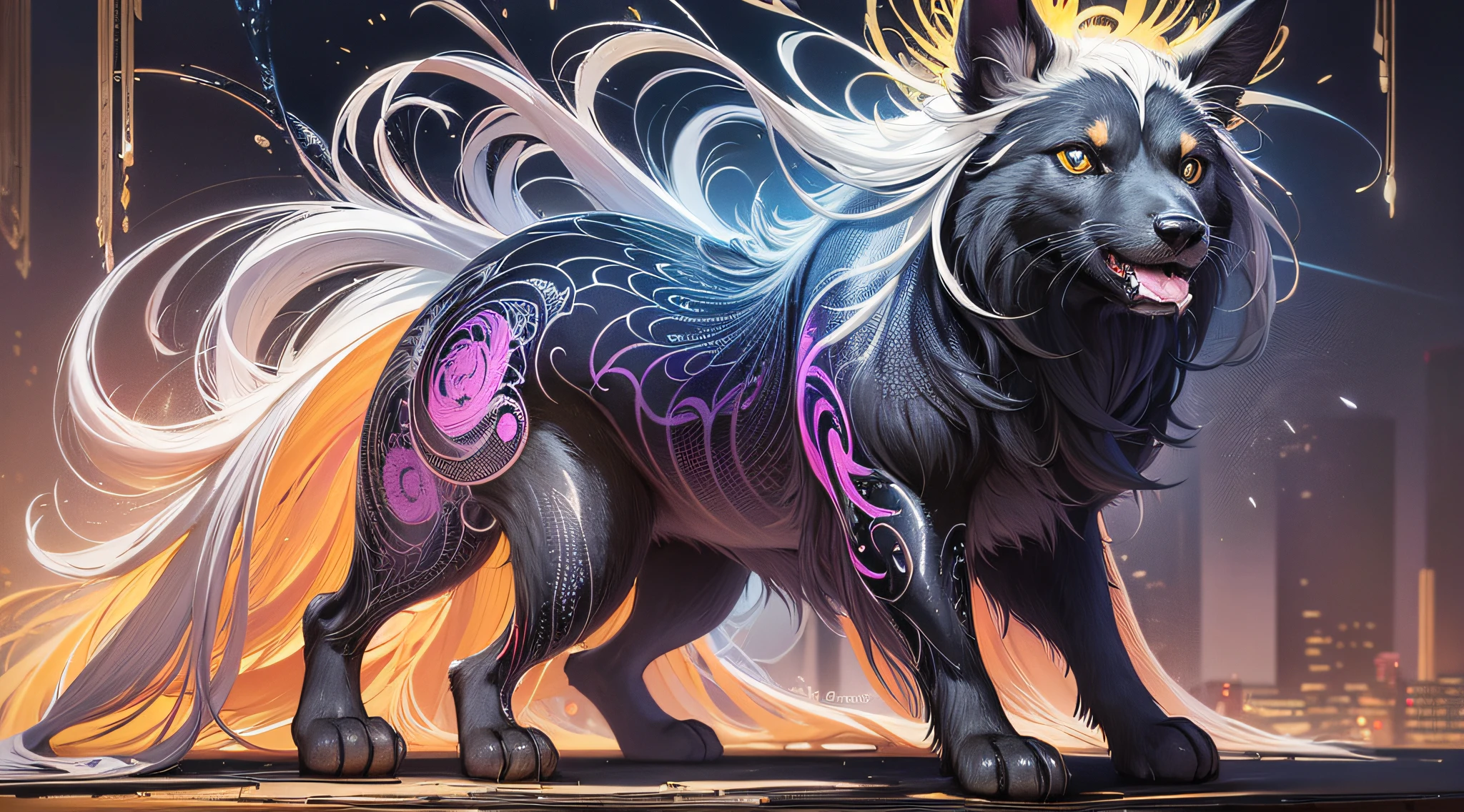 extremely stressed anime dog:human, drinking coffee in a building on fire in the background, masterful playing card border, random Colorful art, oil painting, blue yellow colors, light purple and violet additions, light red additions, intricate detail, splash screen, 8k resolution, masterpiece, artstation digital painting smooth veryBlack ink flow: 8k resolution photorealistic masterpiece: intricately detailed fluid gouache painting: by Jean Baptiste Mongue: calligraphy: acrylic: watercolor art, professional photography, natural lighting, volumetric lighting maximalist photoillustration: by marton bobzert:, complex, elegant, expansive, fantastical, vibrant --auto --s2