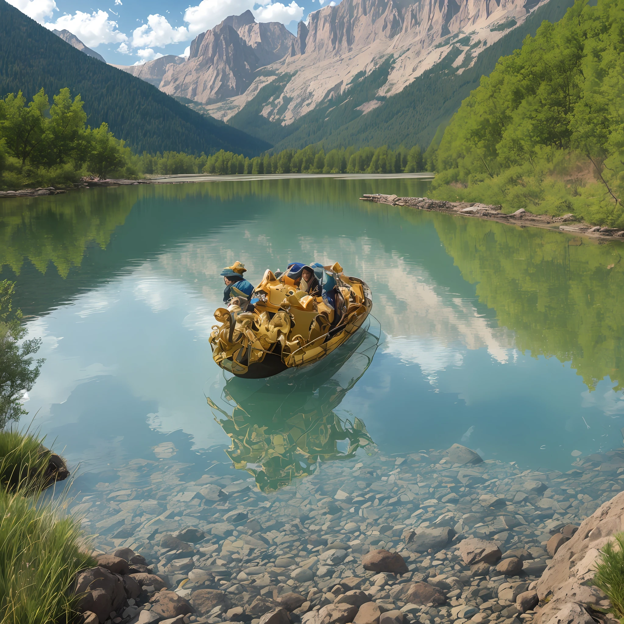 Mountains reflected in river water in foreground, Wyoming, inspired by Ethel Schwabach, Rocky Mountains and Rivers, scenic mountain environment, landscapes by Ethel Schwabach, western American landscapes, shutters, mountains river trees, Utah, stunning landscapes, lakeside mountains, 6 4 0, (land), mountains and lakes, Istock, Idaho, Colorado, there is a golden dragon with a body half in the water and half on the surface of the water, spitting water in its mouth --auto --s2