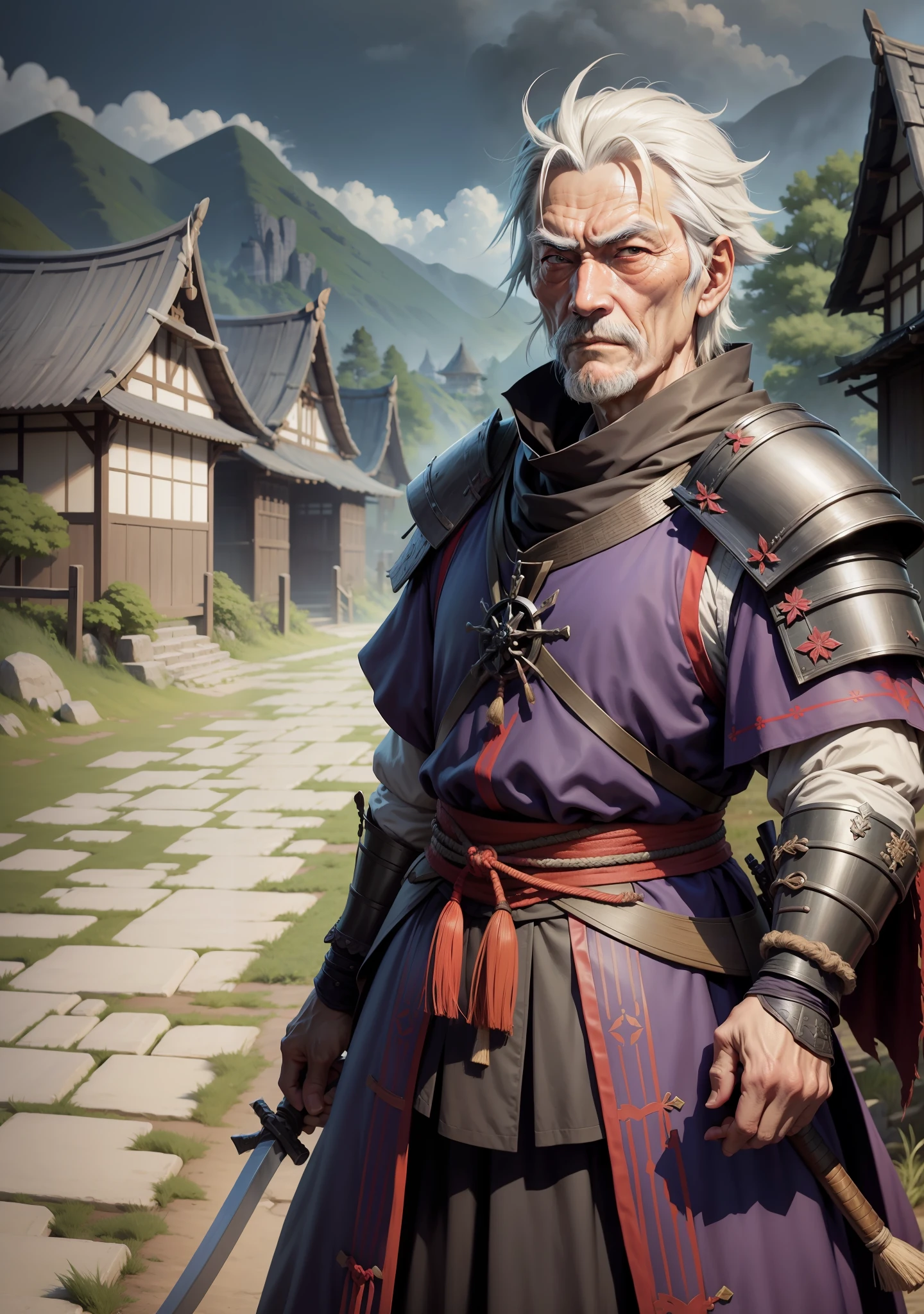 medieval RPG style, a blind old samurai man (similar to Musashi Miyamoto), a tired but proud look, a stiff and imposing expression on his face, a small rural village in the background