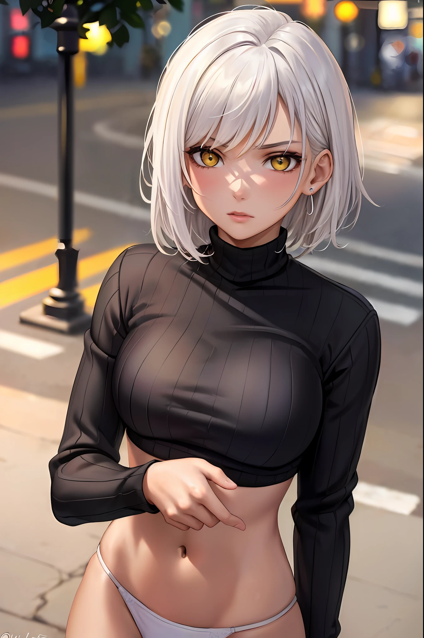 (Masterpiece: 1.2, Best Quality 1:1, Ultra Detail: 1.2, Best Shadow, 8K: 1.1), (Dirty Street: 1.3, Garbage Full Street: 1.1, Street Light: 1.2), (Contrast Background, Detailed Background), (Beautiful Detail Face), High Contrast, (Perfect Lighting: 1.2, Beautiful Colors, Delicate Colors), ((Cinematic Light)), Colorful, Incredible Detail, Dramatic Light, Intricate Details, ((Oil Painting Style)), (1 Girl, Solo, White Hair, Serious Face, Short straight hair: 1.1, earbuds, yellow eyes, glowing eyes, turtleneck sweater, black sweater: 1.2, long sleeves, loose clothes, light white lace bikini, seen from below, looking down on the viewer: 1.2), (close-up, center focus), depth of field