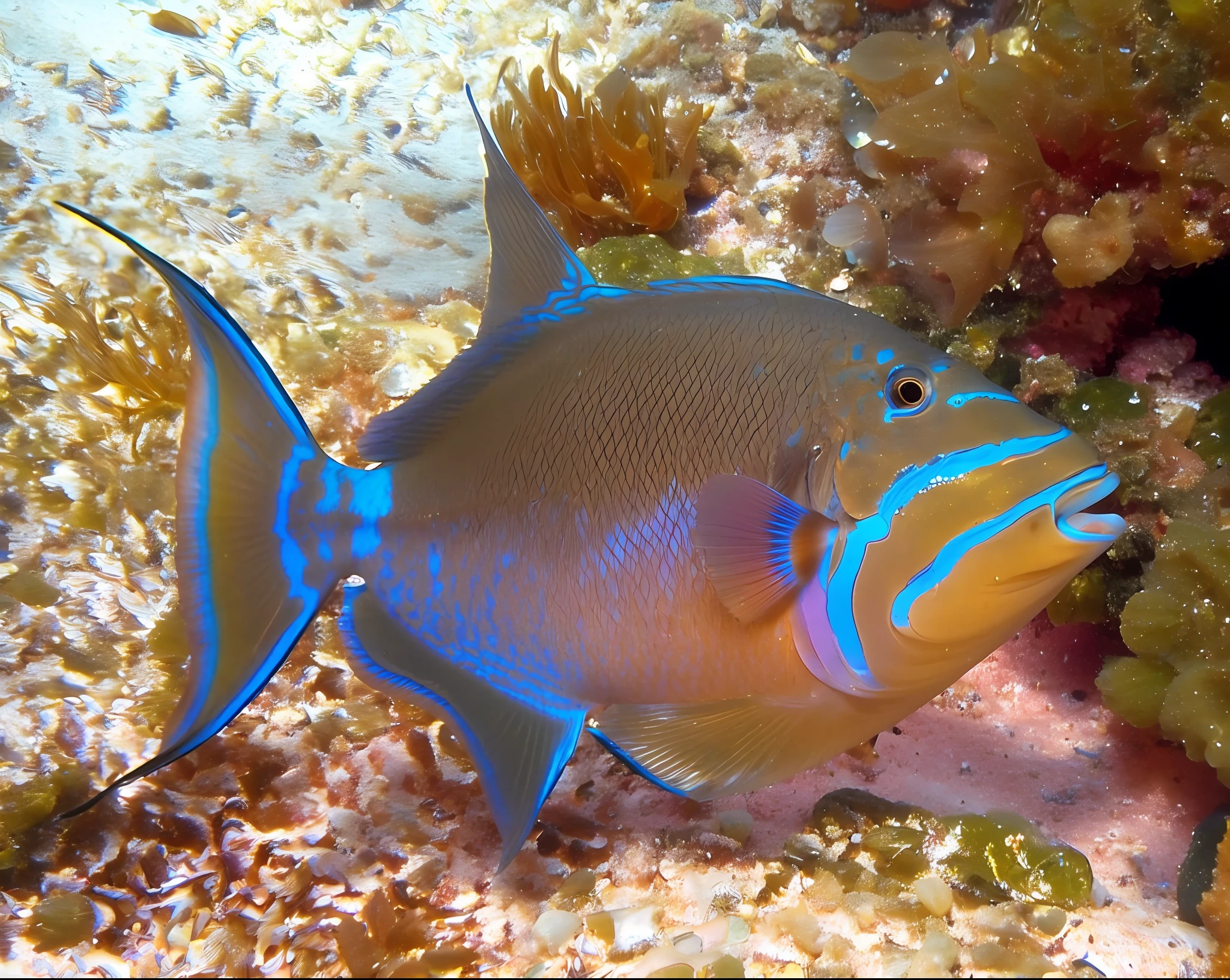 there is a fish that is swimming in the water, exotic fish, closeup photo, cobalt coloration, colorful fish, closeup, scholar, by Hans Werner Schmidt, tropical fish, adi meyers, beautiful gorgeous, she has iridescent membranes, marine animal, pic, closeup view, photographed, young female, beautiful look, vivid colors!, closeup shot, album photo