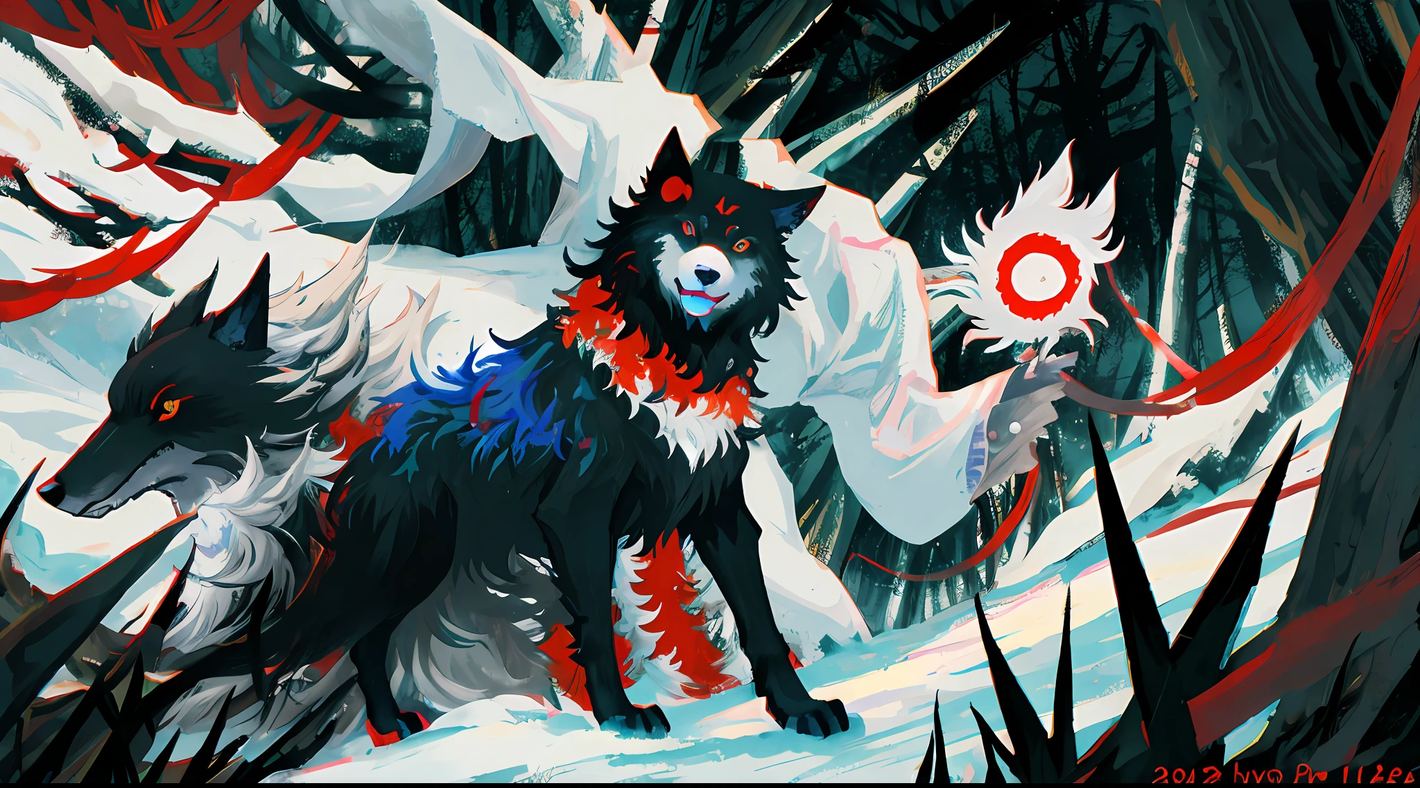 Mononoke hime surrounded by black wolves in a dark forest