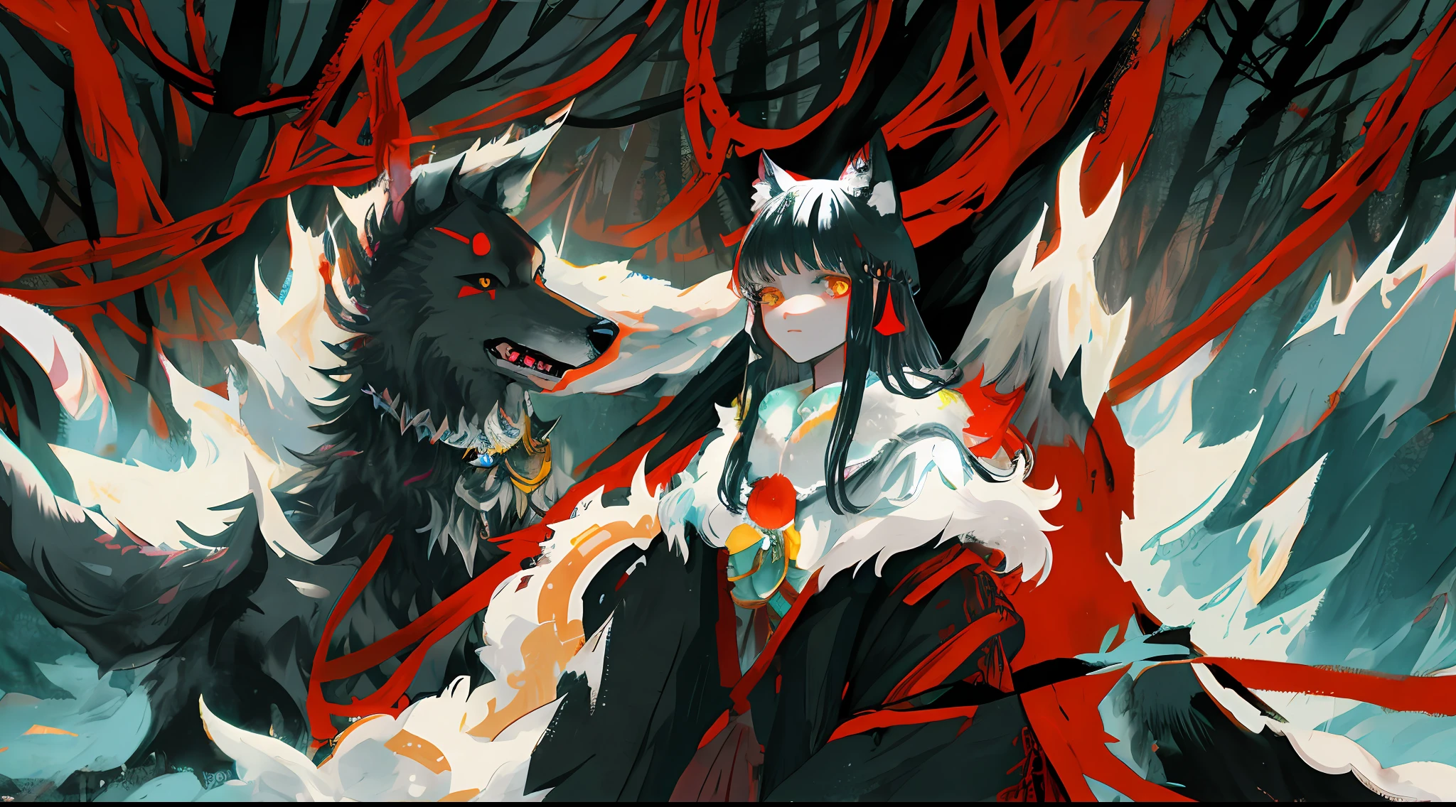 Mononoke hime surrounded by black wolves in a dark forest