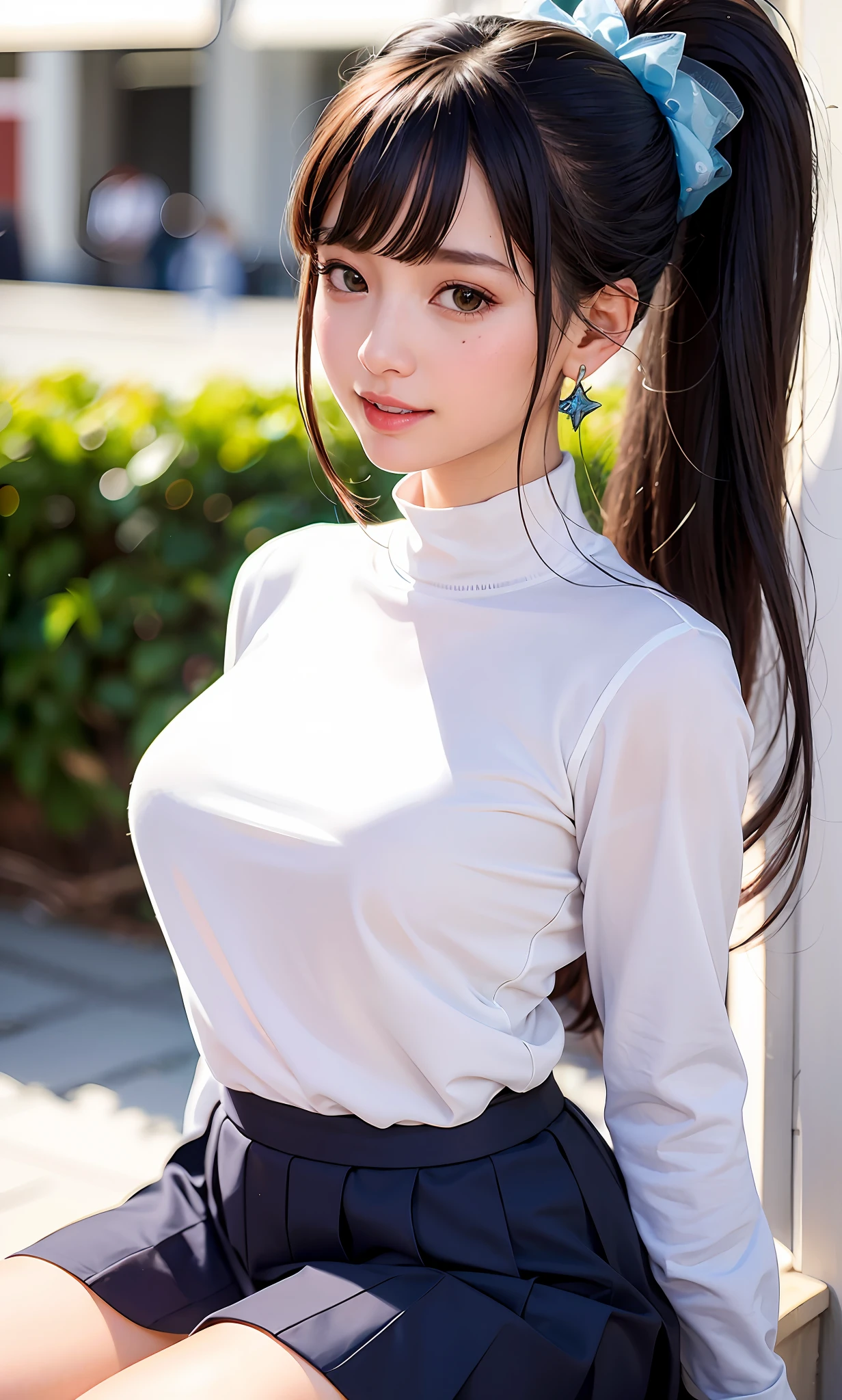 (8k, RAW photos, best quality, High resolution: 1.1), (surreal: 1.4), (realistic, realistic: 1.3), soft light, girl, realistic face, realistic body, realistic skin, ridiculous, masterpiece, model, (cute: 1.8), cute, solo, (: 1.2), detailed black eyes, innocent eyes, blush, (dress conservatively: 1.2), movie lights, film grains, jewelry, earrings, ((princess hairstyle: 1.1)), ((floating hair nova frog style)), loose turtleneck top, school uniform top, sailor uniform, school uniform shorts, cherry lips, headband, hair bow, large bow on chest, ponytail, viewer, open lips, upper teeth, lower abdomen, (smiling eyes: 0.6), (grinning: 1.2)), depth of field, blurred background, eye focus, bokeh, young, 85mm lens, f/1.4, professional lighting, young, photon mapping, radiosity, physically based rendering,