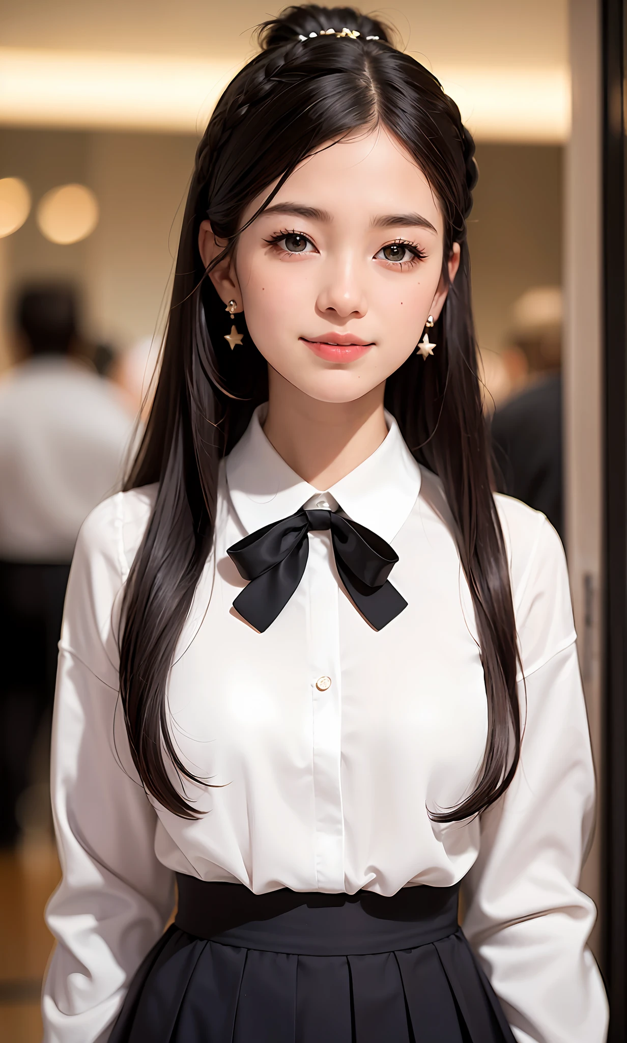 (8k, RAW photos, best quality, High resolution: 1.1), (surreal: 1.4), (realistic, realistic: 1.3), soft light, girl, realistic face, realistic body, realistic skin, ridiculous, masterpiece, model, (cute: 1.8), cute, solo, (: 1.2), detailed black eyes, innocent eyes, blush, (dress conservatively: 1.2), movie lights, film grains, jewelry, earrings, ((princess hairstyle: 1.1)), ((floating hair nova frog style)), loose turtleneck top, school uniform top, sailor uniform, school uniform shorts, cherry lips, headband, hair bow, large bow on chest, ponytail, viewer, open lips, upper teeth, lower abdomen, (smiling eyes: 0.6), (grinning: 1.2)), depth of field, blurred background, eye focus, bokeh, young, 85mm lens, f/1.4, professional lighting, young, photon mapping, radiosity, physically based rendering,