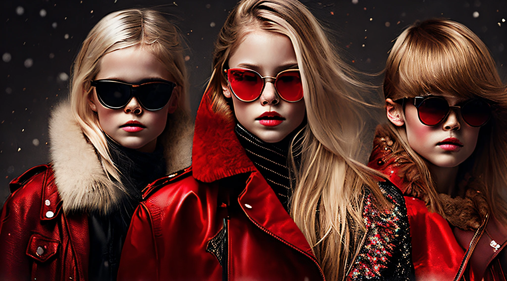 3 girls blonde children WITH STRAIGHT HAIR WITH SUNGLASSES, RED LEATHER JACKET AND BLACK CLOTHING. PORTRAT STYLE, (Epic photography: 1.2), the scene is open, (white and snowing), RED BACKGROUND.