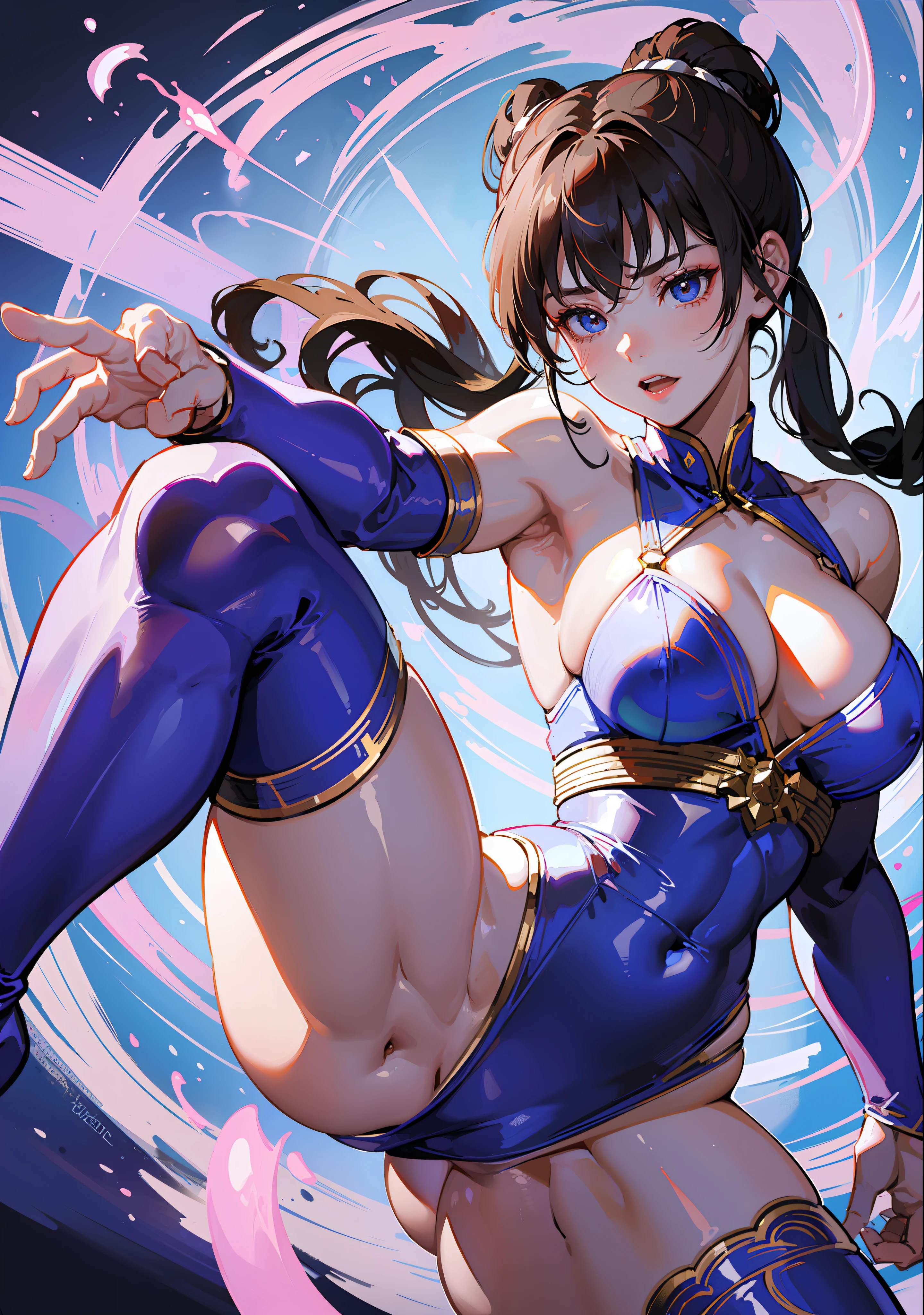 Street Fighter's Chun Li, Very Beautiful Girl, Small Man's Waist with Long Leg Proportions, Longeyelashes, Determined, White High Boots, Best Light and Shadow, Upside View, Capcom Style, Ultra HD, 8K, Real Skin, All Body is Water, Chun Li's Signature Action, Black Stockings, Watery Big Eyes, High Nose Bridge, Small Mouth, Big Breasts, Crotch Width, Chun Li's Classic Clothing, Mature, 30 years old, full body
