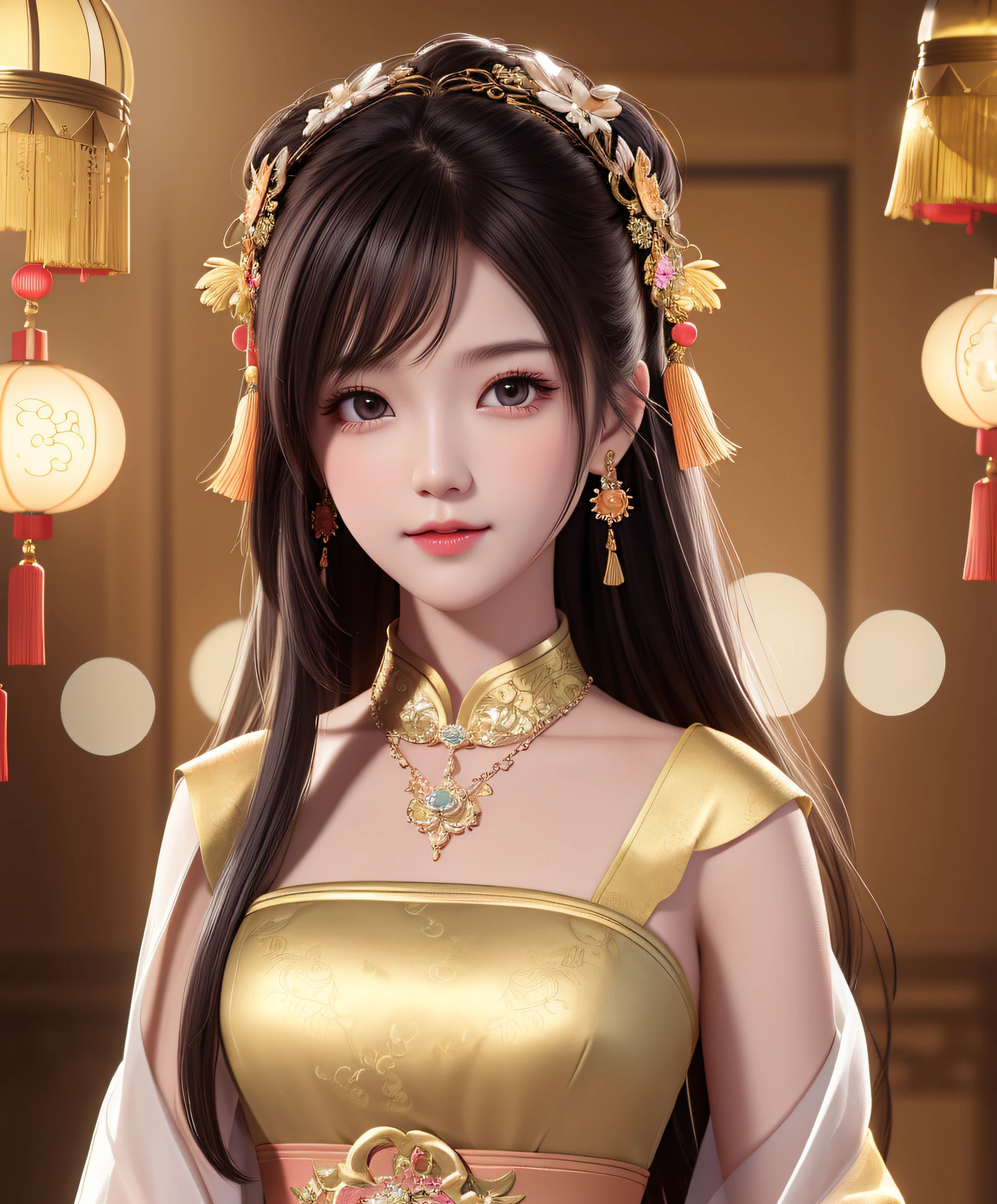 best quality, masterpiece, high resolution, 1girl,chinese dress,hair ornament,necklace,jewelry,beautiful face,on top of body, tyndall effect,photorealistic, dark studio, rim lighting, two-tone lighting,(highly detailed skin: 1.2), (peach colored skin, velvety), 8k uhd, dslr, soft lighting, high quality, volumetric lighting, sincere, Photography, high resolution, 4k, 8k, Bokeh,