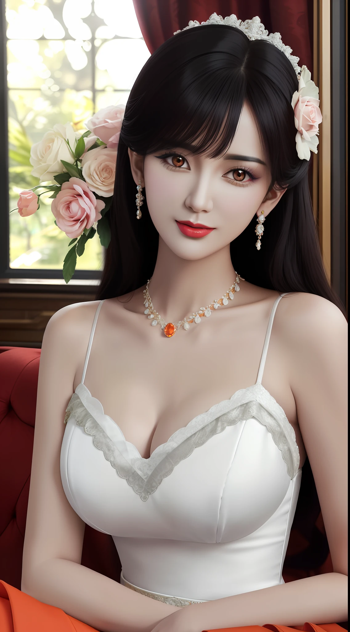 1 beautiful mature girl, looking at viewer, upper body, realistic,real girl, gentle girl, Girly, smooth pink and white skin, Front bangs, large breasts and round, excessively frilled princess dress, draped clothes, flawless face, jewelry, high nose, ornament, flower, lace trim, beautiful big and round orange eyes, sharp eyebrows, very sharp and detailed peacock eyelashes and makeup,orange red lipstick, Smile without opening your lips, long silky black hair and jewelry clips, masterpiece, best quality, 8k, detailed skin texture, detailed cloth texture, beautiful detailed face, intricate details, ultra detailed, rim lighting, side lighting, cinematic light, ultra high res, 8k uhd, film grain,best shadow, delicate, RAW photo, detailed and clear images, extremely sharp images,