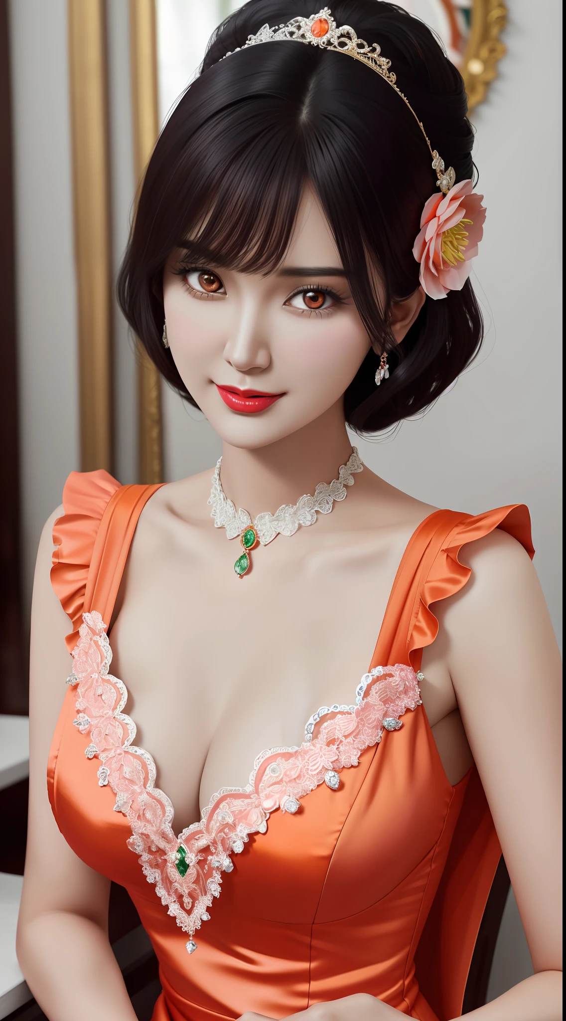 1 beautiful mature girl, looking at viewer, upper body, realistic,real girl, gentle girl, Girly, smooth pink and white skin, Front bangs, large breasts and round, excessively frilled princess dress, draped clothes, flawless face, jewelry, high nose, ornament, flower, lace trim, beautiful big and round orange eyes, sharp eyebrows, very sharp and detailed peacock eyelashes and makeup,orange red lipstick, Smile without opening your lips, long silky black hair and jewelry clips, masterpiece, best quality, 8k, detailed skin texture, detailed cloth texture, beautiful detailed face, intricate details, ultra detailed, rim lighting, side lighting, cinematic light, ultra high res, 8k uhd, film grain,best shadow, delicate, RAW photo, detailed and clear images, extremely sharp images,