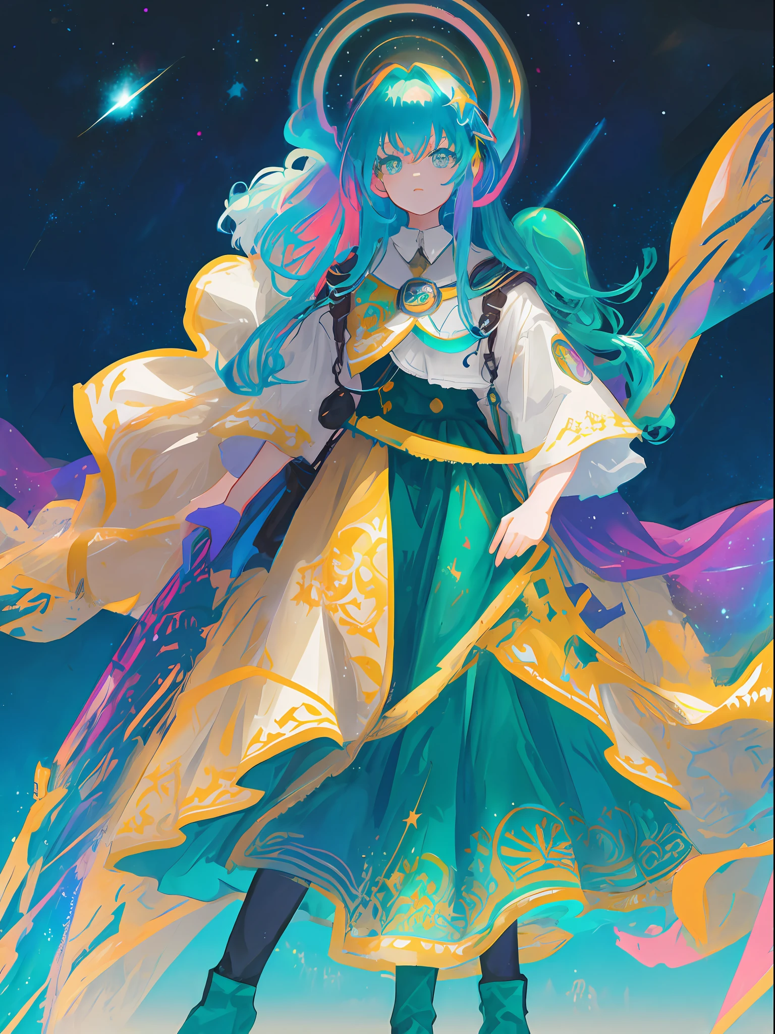 a group of women with rainbow colored hair and teal dress armor, cosmic nebula stars sky background