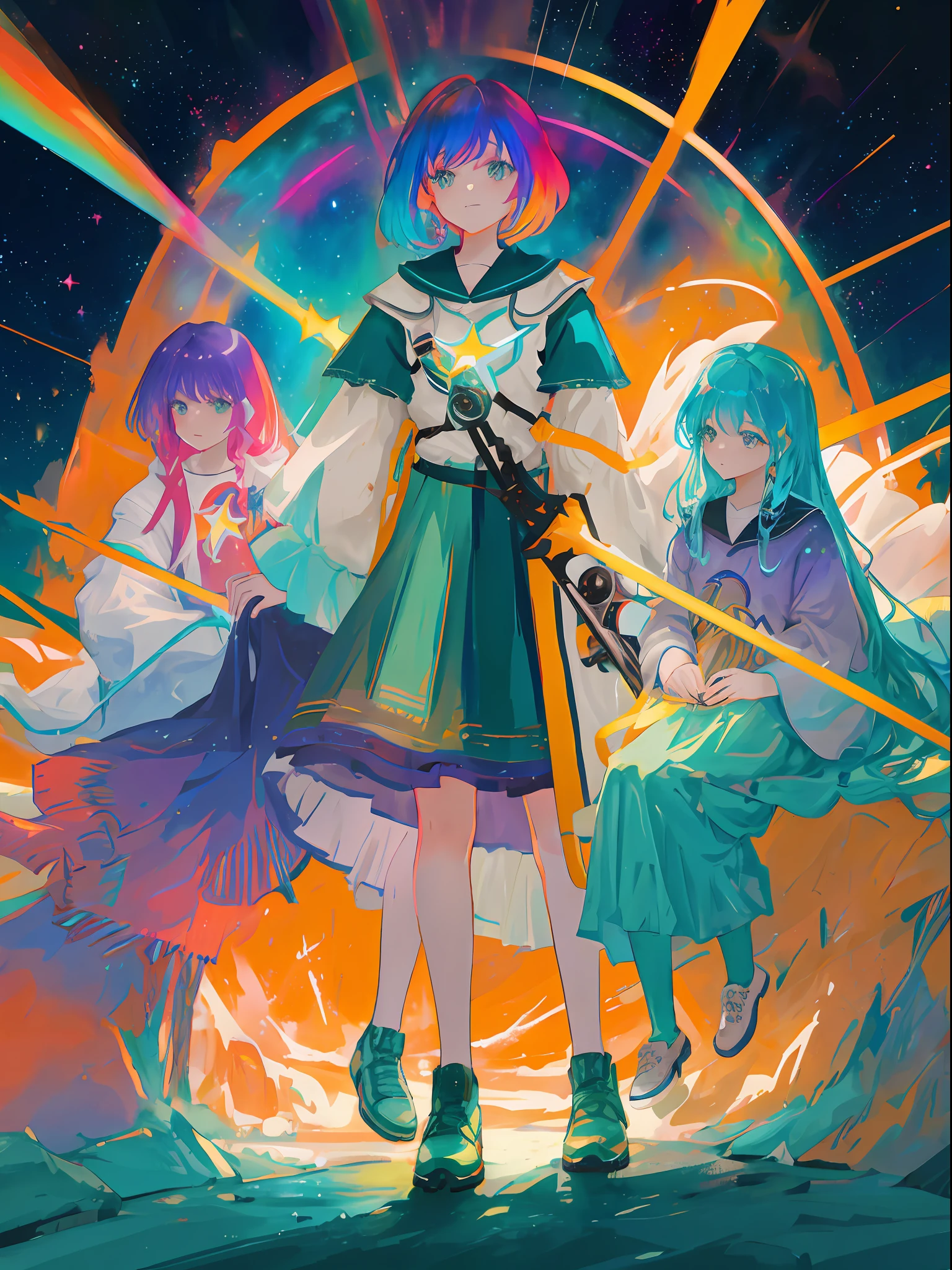 a group of women with rainbow colored hair and teal dress armor, cosmic nebula stars sky background