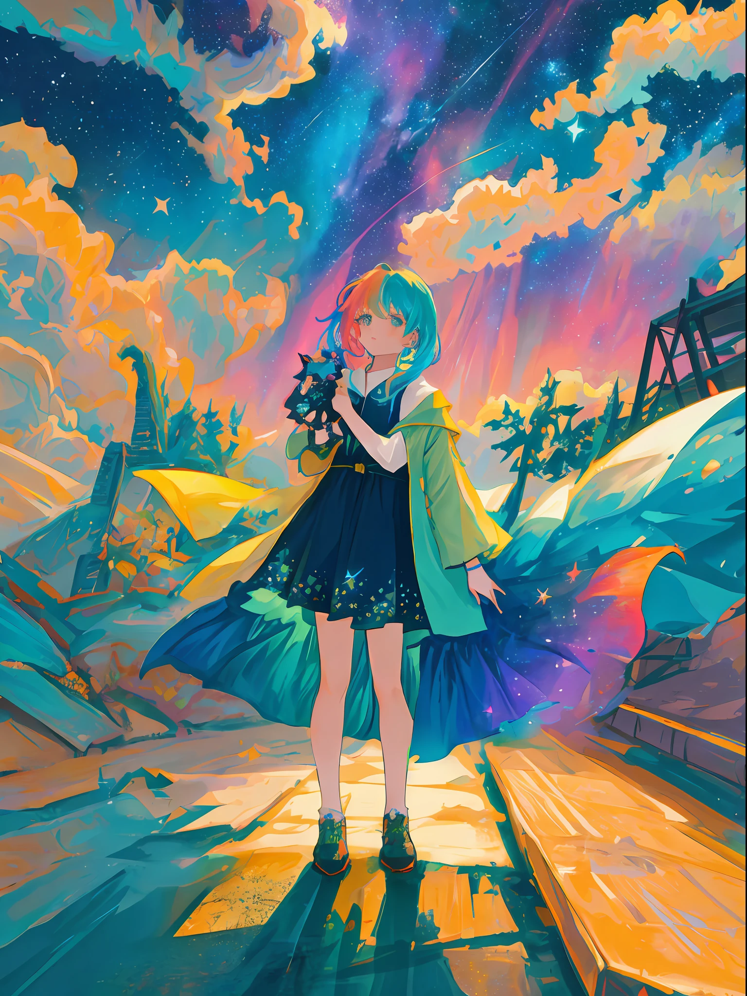 a group of women with rainbow colored hair and teal dress armor, cosmic nebula stars sky background