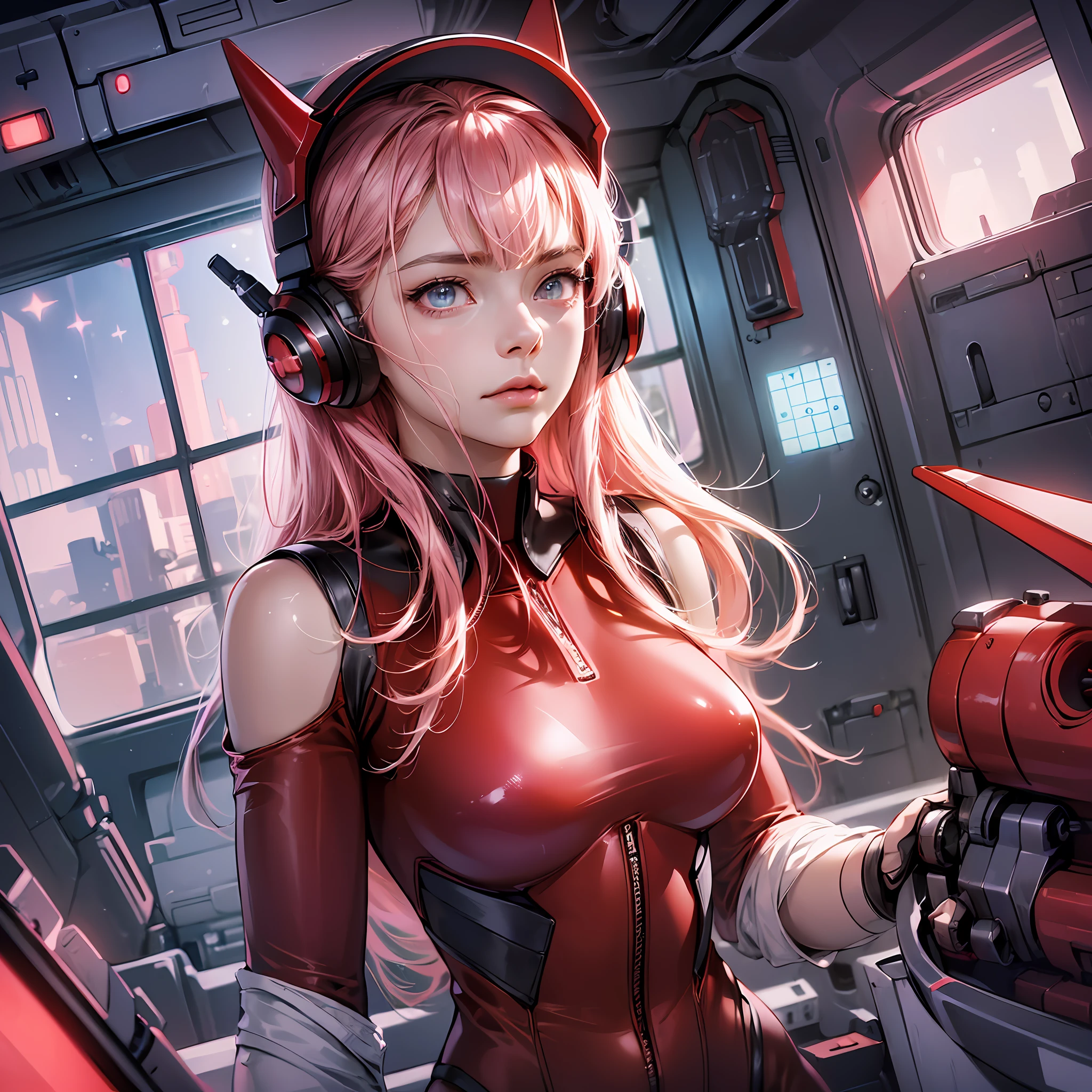 (Aerial view), dynamic angle, ultra-detailed, illustration, close-up, straight, 1girl, ((Zero Two, interface headset, red bodysuit: 1.4, pink),Her eyes shone like dreamy stars,(bright eyes:1,233),(beautiful and detailed eyes:1.1),(expressionless, closed mouth),(standing), (mechanical room with tools and spaceship window on a red spaceship),  (night: 1.2), dreamer, [[delicate fingers and hands: 0.55]::0.85],(detail fingers), --auto --s2