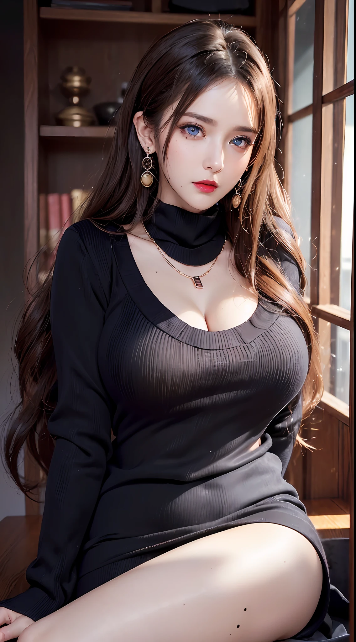 (incredibly absurdres, ultra-detailed,CG ,unity ,8k wallpaper),(masterpiece),(realistic),(photorealistic:1.2),(raw photo:1.2), (best quality:1.2), (detailed face :1.4),(beautiful detailed eyes :1.2),(detailed hair),light on face, huge filesize ,cinematic lighting, 1 girl ,sexy,nsfw,eyeliner,kawaii, student, long hair, brown hair, ((wavy hair)), hair ornament, ((light blush)), ((mole under eye)), ((expressionless eyes)), blue eyes, ((large breasts)),fashi-g, red lips, makeup,shirtlift, ((black sweater dress)), black kneehighs, high heels,jewelry, earrings, necklace, looking at viewer,Depth of field,