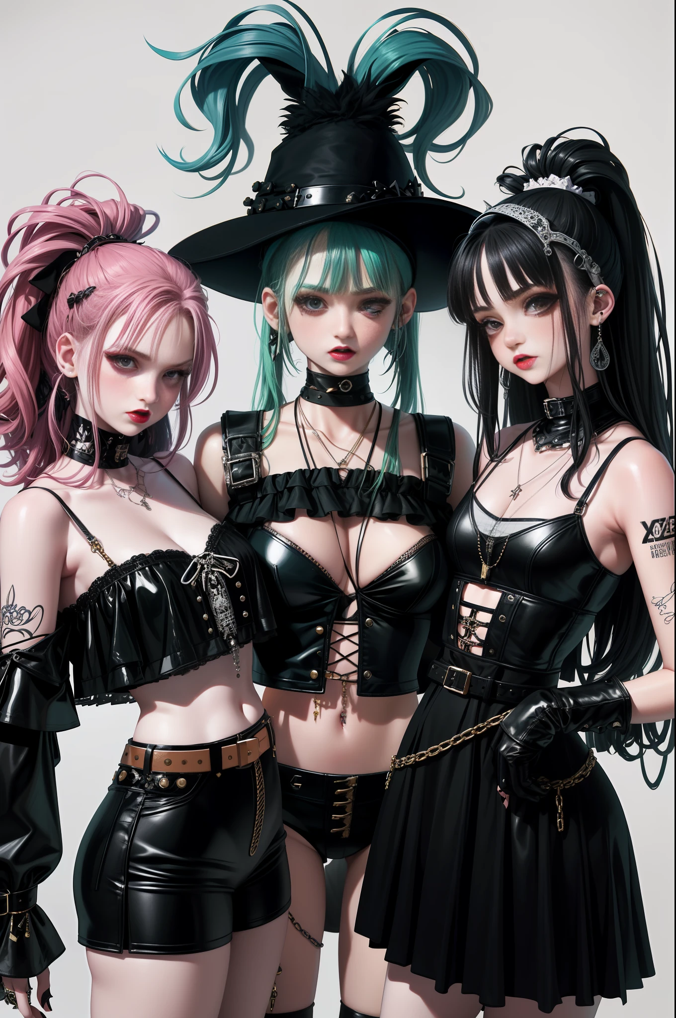 Close-up of three women in different costumes on white background, grunge style, grunge aesthetics, !!!, grunge aesthetics!!! (, sexy gloomy style, grunge aesthetic, grunge fashion, grunge punk rock, Y2K style, y 2 k style, punk style, this set style, gothic style, retro aesthetic, 90s style, retro look, stand-up.)
