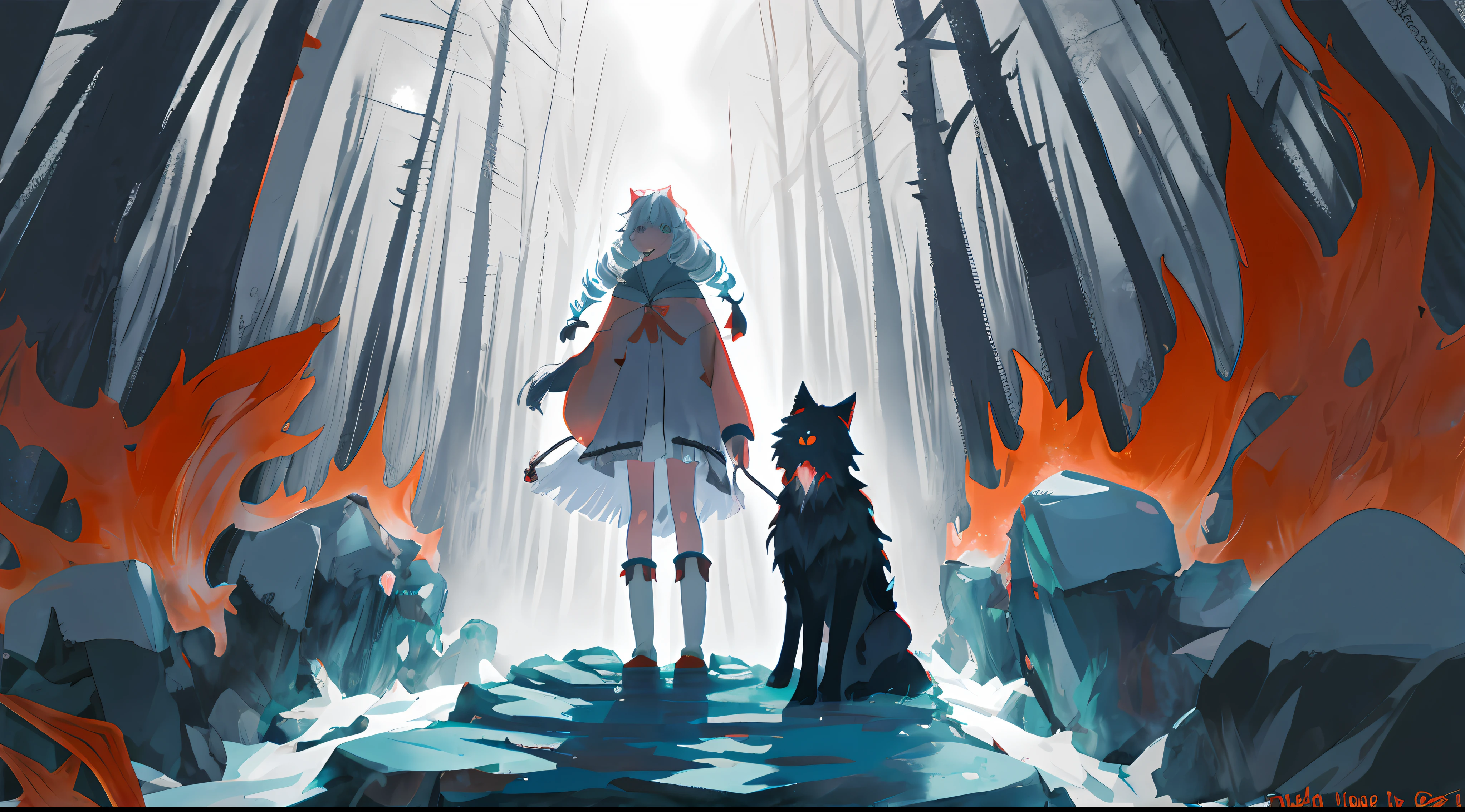Mononoke hime surrounded by black wolves in a dark forest