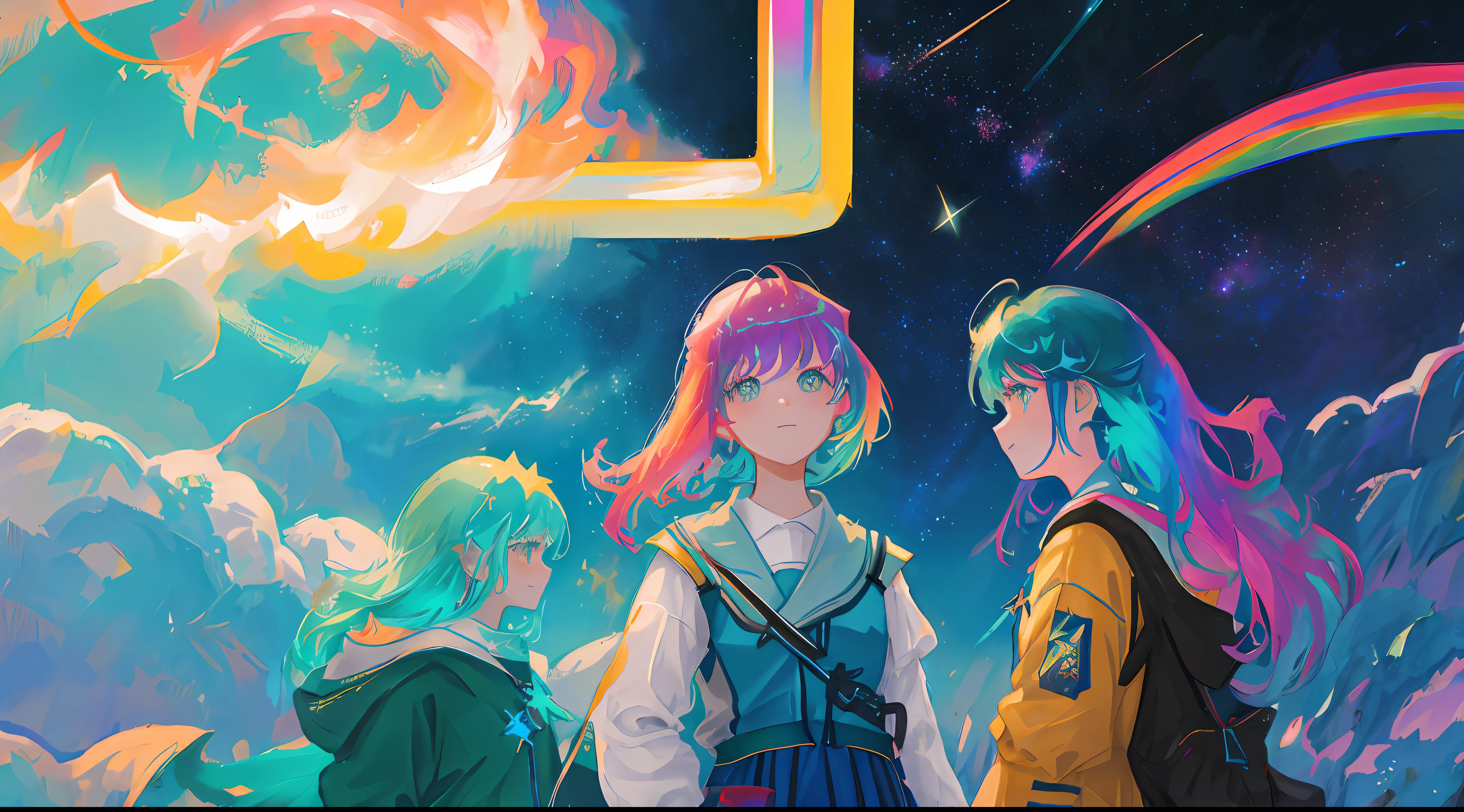 a group of women with rainbow colored hair and teal dress armor, cosmic nebula stars sky background
