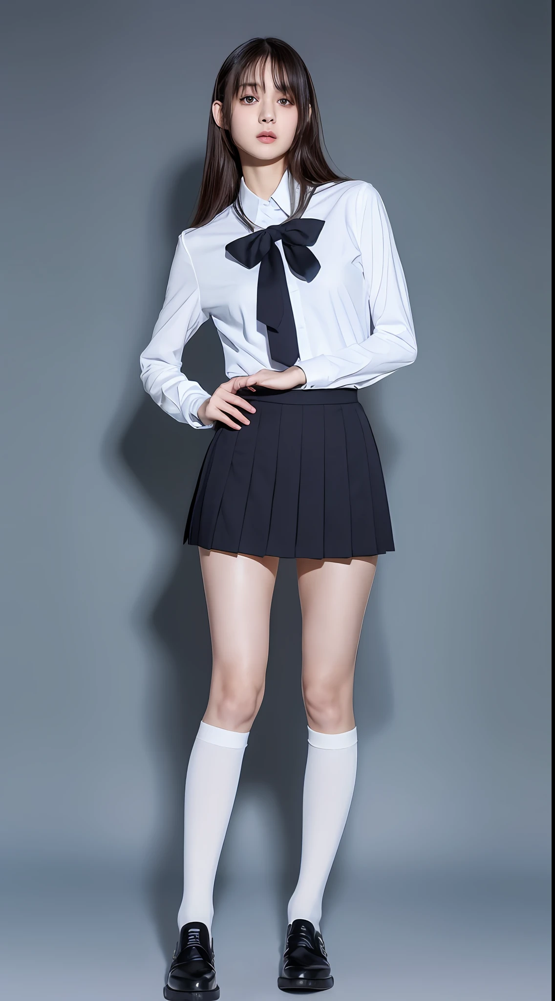 Nogizaka member, knee-high socks, uniform, black pleated skirt, (((top quality, 8k, masterpiece: 1.3)), 1 girl, beauty with slender abs: 1.3, white shirt 1.1, ultra-detailed face, detailed eyes, double eyelids,