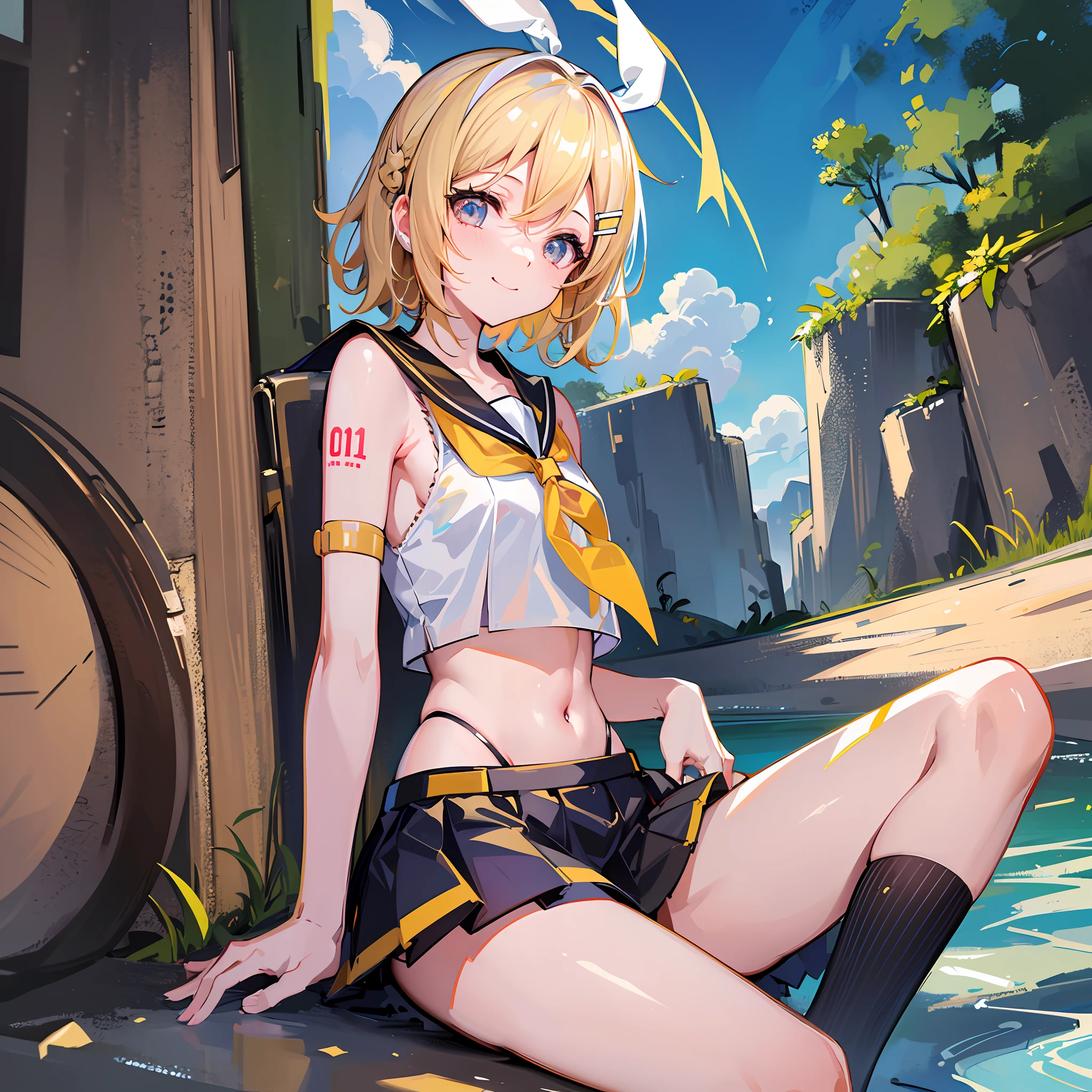 (masterpiece), (best quality), (illustration), (super detailed), (high resolution), absurdity, one girl, (kagamine-rin), (vocaloid), smile, short hair, white hair ribbon, yellow neckerchief, hair clip, shoulder visible, navel glimpsed, sailor suit, black skirt, (blonde), (tattoo of the number 02 on the left arm), very cute girl, Small, young, delicate, touching the back of the head with right hand, outdoors, attention on girl