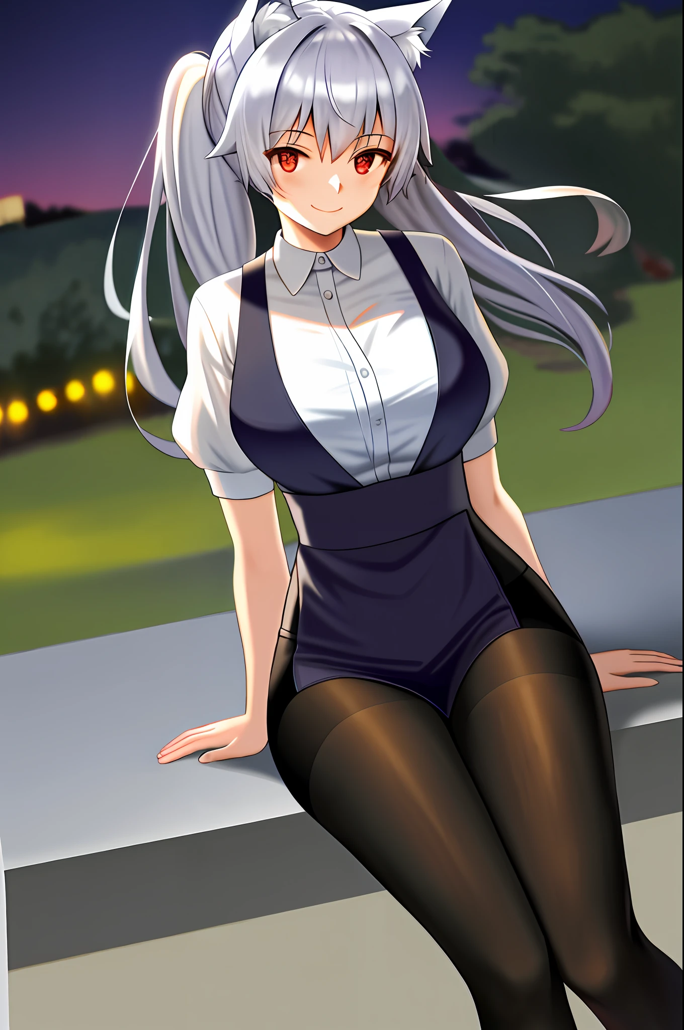 big, wide waist, look at the viewer, smile, white shirt, see-through, red eyes, silver hair, tuck shirt, outdoor, school, masterpiece,1 girl,solo,sila school,big, light smile, outdoors,garden,spring,black_pantyhose,masterpiece, best quality, sfw, cute wolf girl, girl, silver hair, big, sitting, wolf ears,from behind,watch viewer, SFW, Girl, Wolf Tail,Night, Wind, Depth of Field,