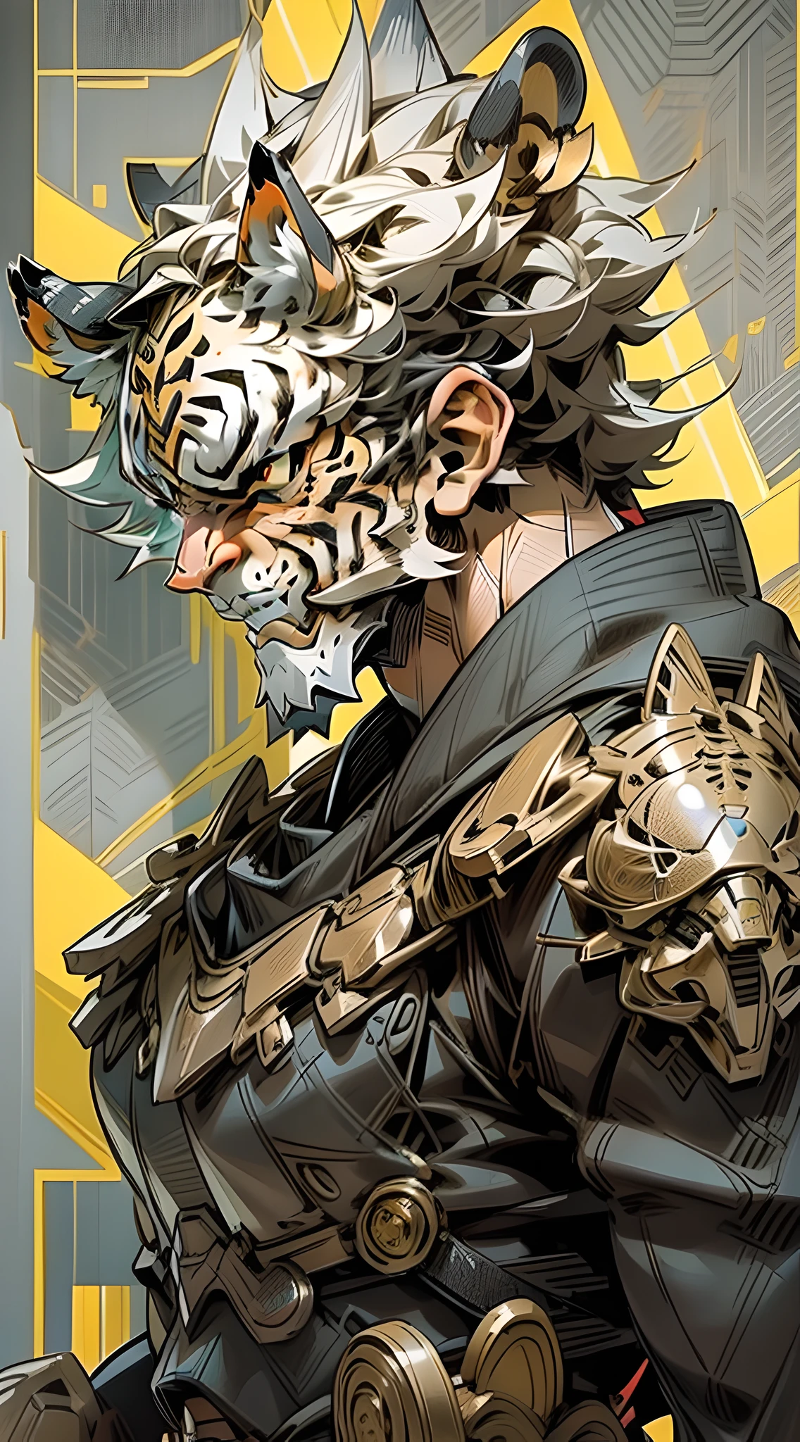 (Masterpiece) A tiger mask in antique armor, (fine facial details) pedestrian warrior, weapon in hand, cyberpunk style color scheme, ((intricate detail, super detailed)) 8K.