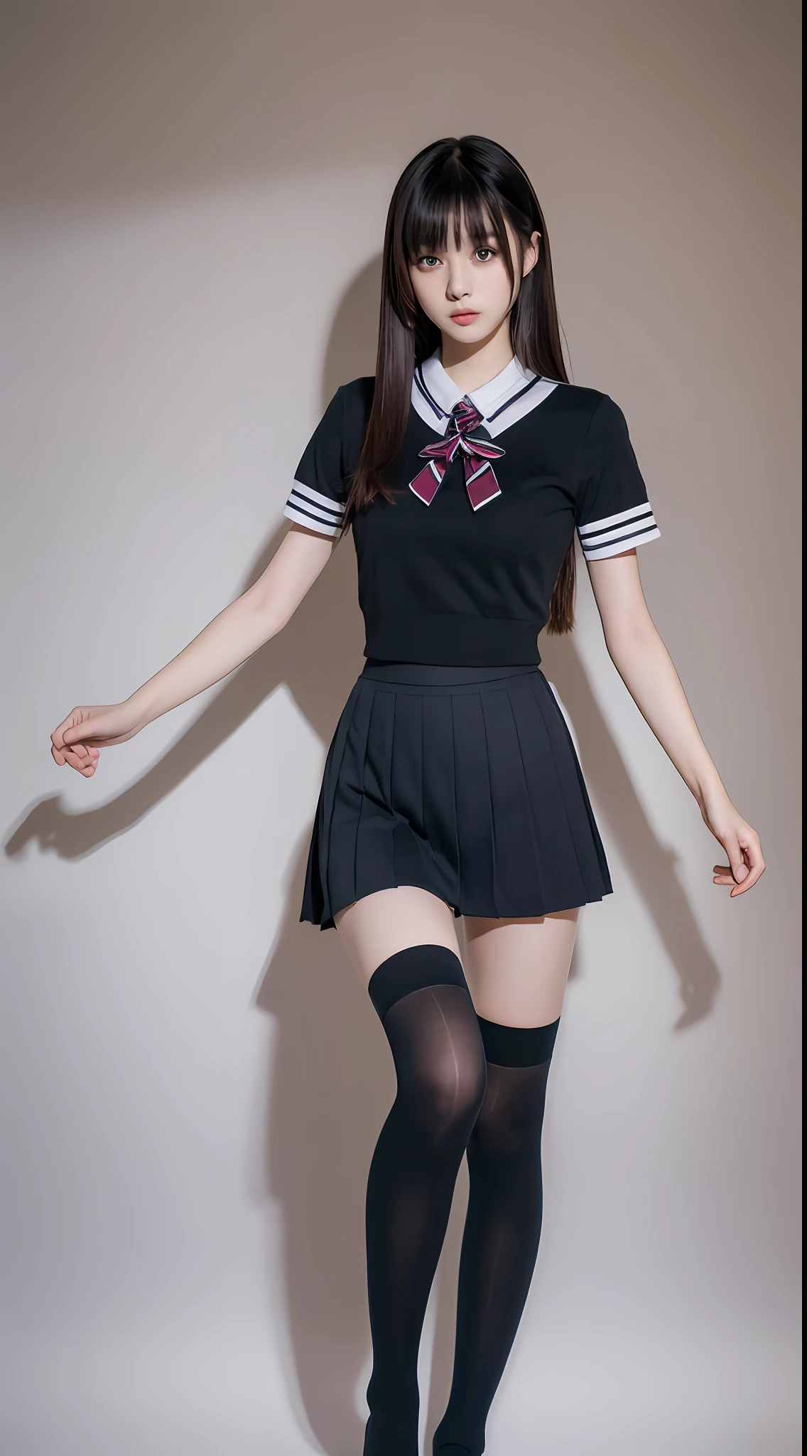 Nogizaka member, knee-high socks, uniform, black pleated skirt, (((top quality, 8k, masterpiece: 1.3)), 1 girl, beauty with slender abs: 1.3, white shirt 1.1, ultra-detailed face, detailed eyes, double eyelids,