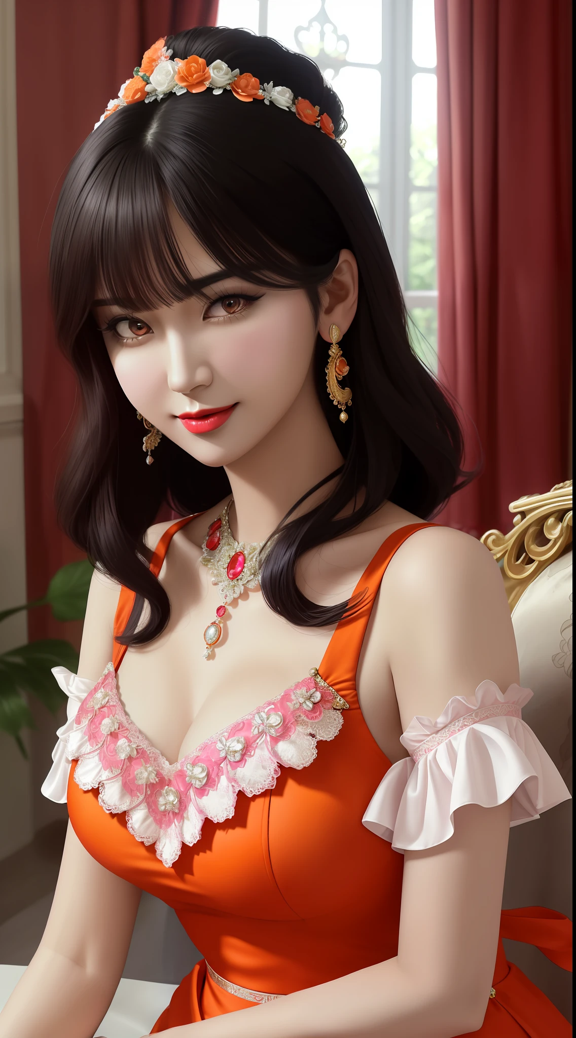 1 beautiful mature girl, looking at viewer, upper body, realistic,real girl, gentle girl, Girly, smooth pink and white skin, Front bangs, large breasts and round, excessively frilled princess dress, draped clothes, flawless face, jewelry, high nose, ornament, flower, lace trim, beautiful big and round orange eyes, sharp eyebrows, very sharp and detailed peacock eyelashes and makeup,orange red lipstick, Smile without opening your lips, long silky black hair and jewelry clips, masterpiece, best quality, 8k, detailed skin texture, detailed cloth texture, beautiful detailed face, intricate details, ultra detailed, rim lighting, side lighting, cinematic light, ultra high res, 8k uhd, film grain,best shadow, delicate, RAW photo, detailed and clear images, extremely sharp images,