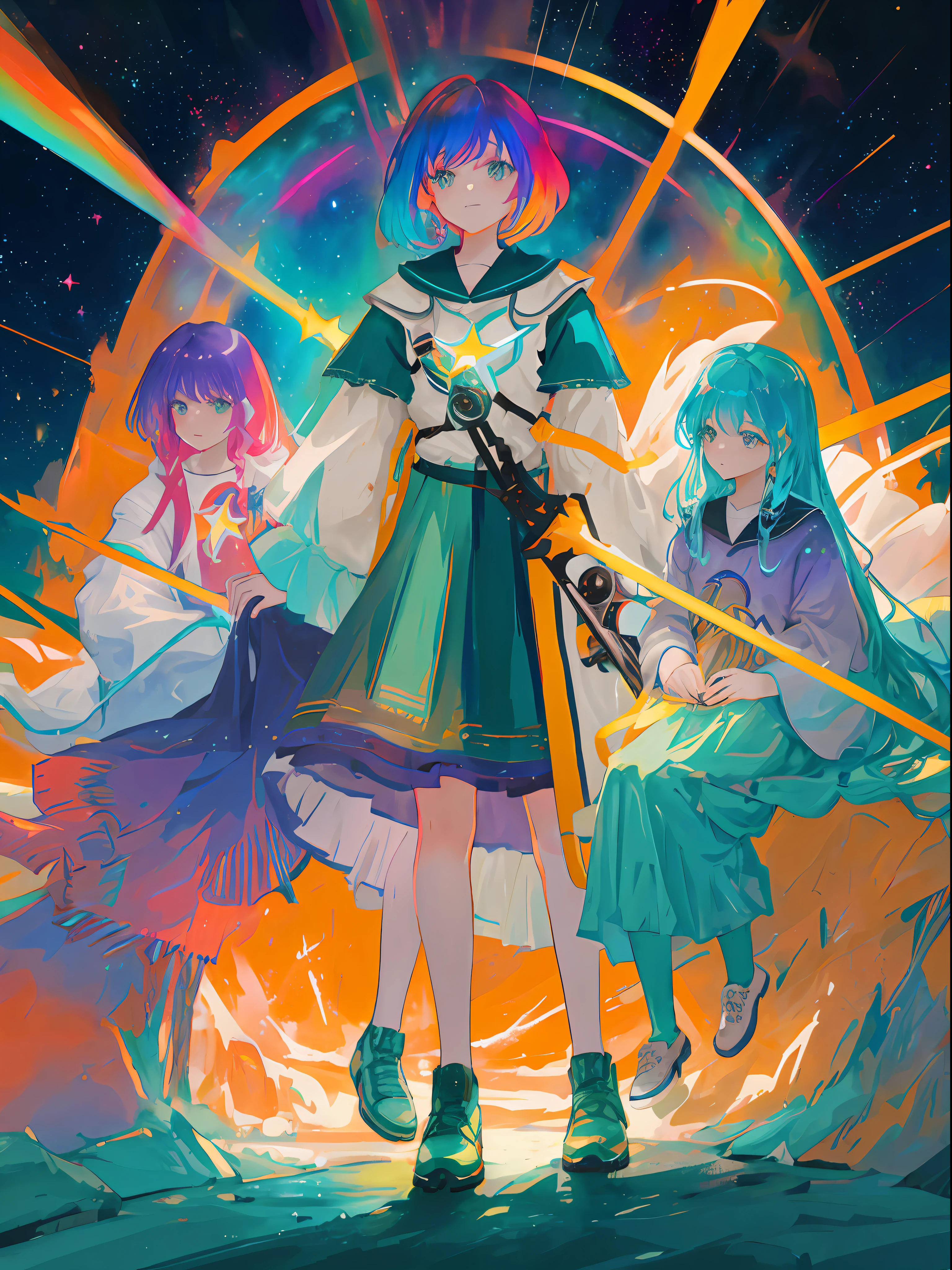 a group of women with rainbow colored hair and teal dress armor, cosmic nebula stars sky background