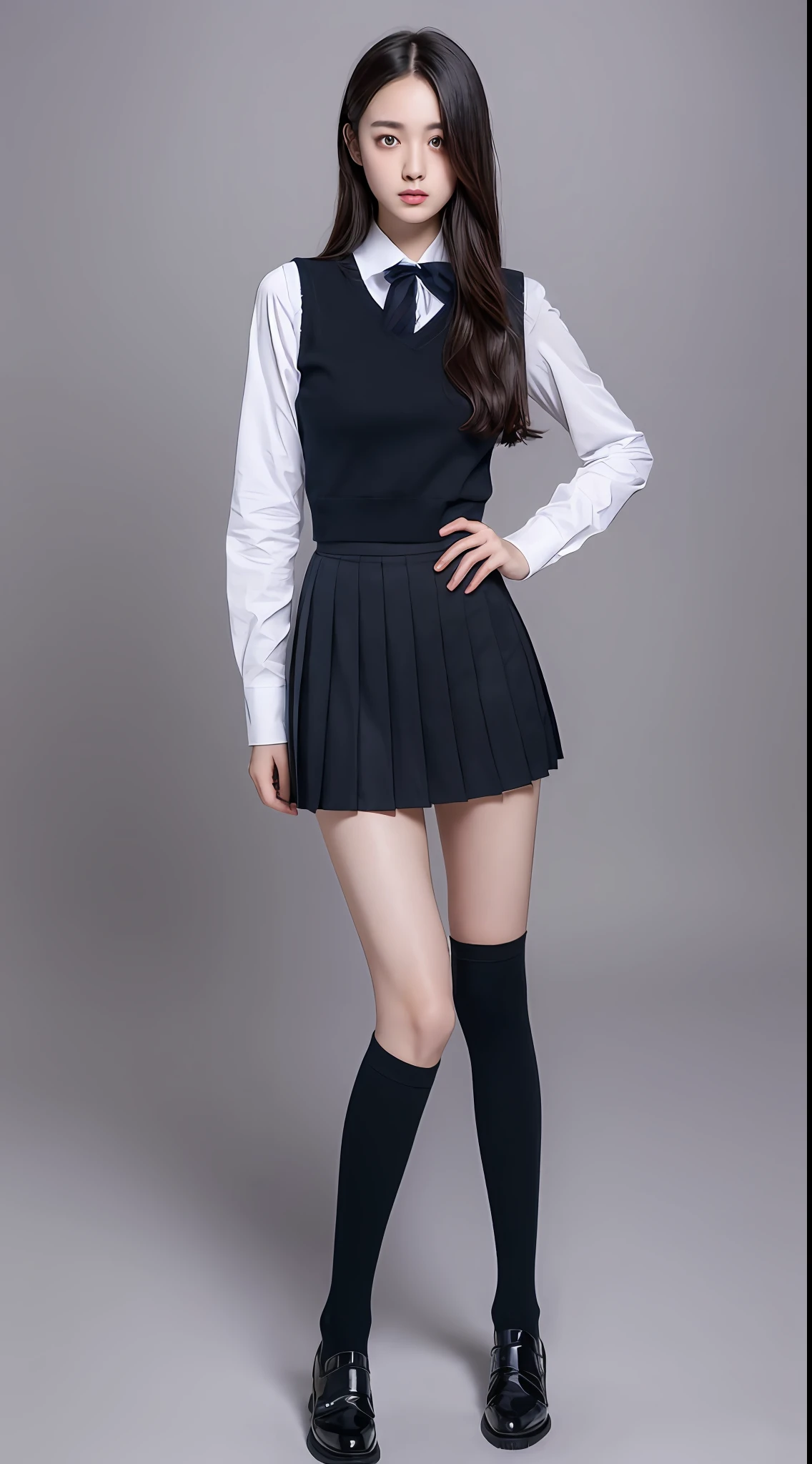 Nogizaka member, knee-high socks, uniform, black pleated skirt, ((top quality, 8k, masterpiece: 1.3)), 1 girl, beauty with slender abs: 1.3, (long hair, big: 1.2), white shirt 1.1, ultra-detailed face, detailed eyes, double eyelids,