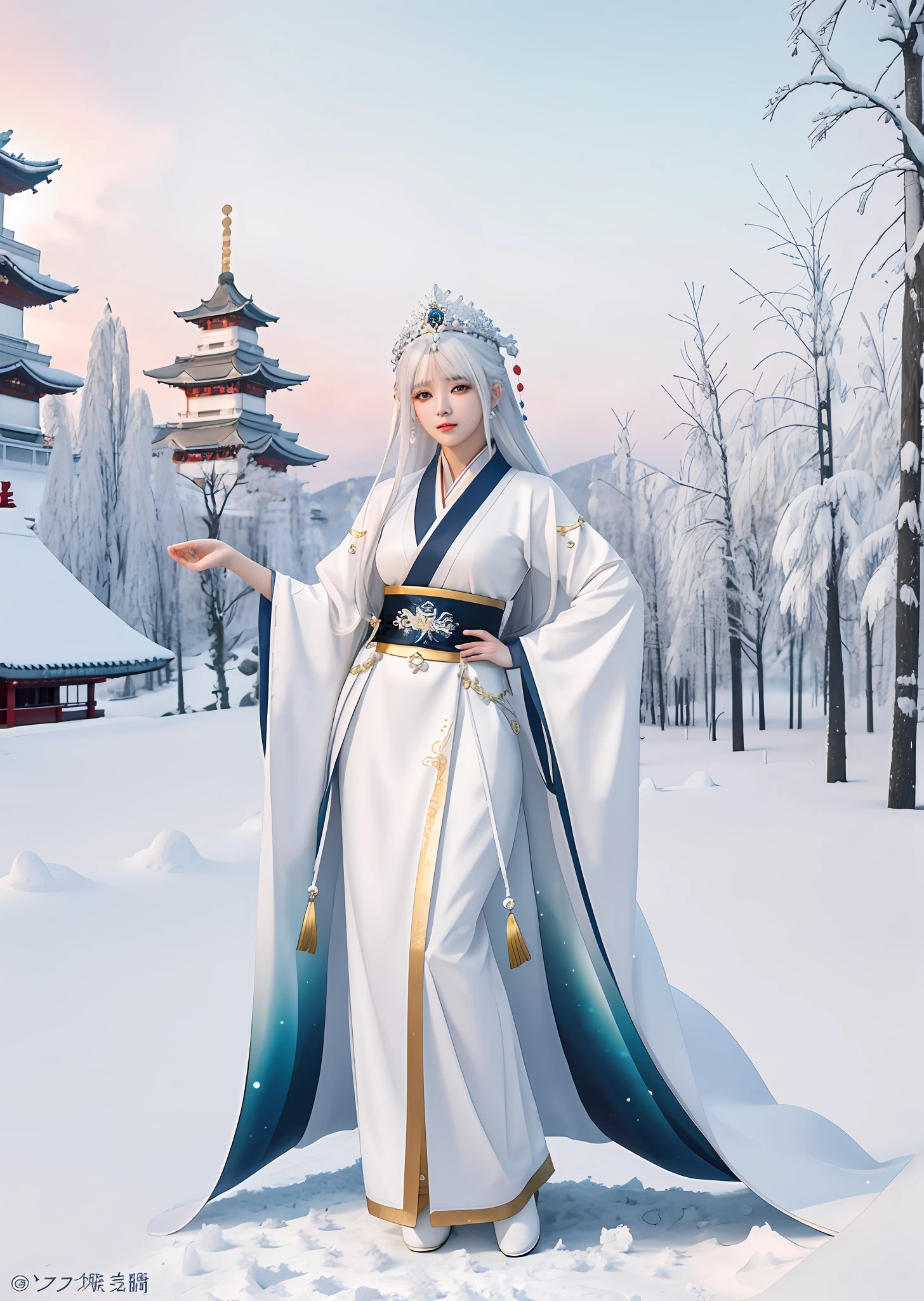 there is a woman in a white outfit posing in the snow, trending on cgstation, guweiz, trending at cgstation, artwork in the style of guweiz, white haired deity, a beautiful fantasy empress, anime girl cosplay, anime goddess, japanese goddess, full body xianxia, by Russell Dongjun Lu, guweiz masterpiece