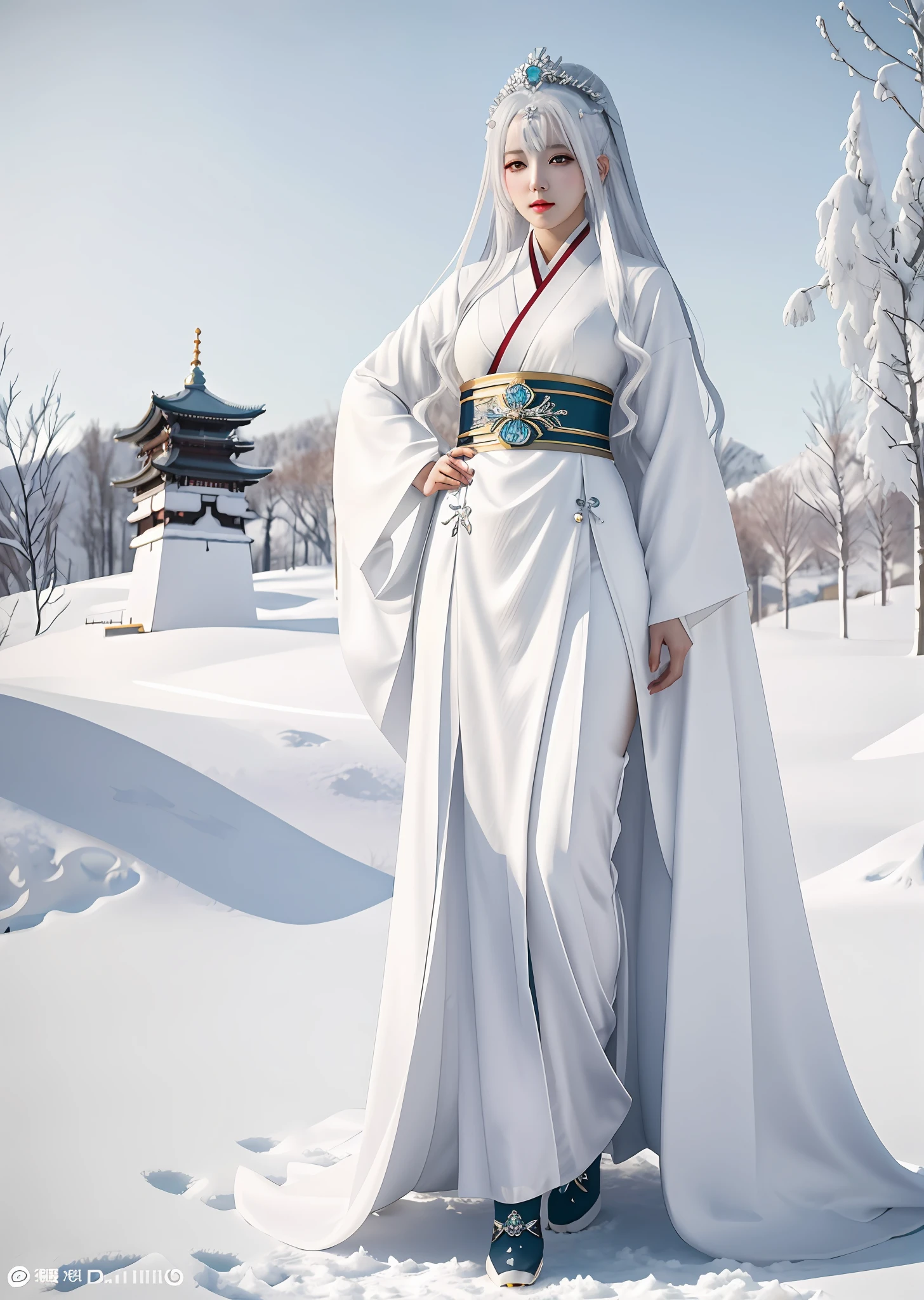 there is a woman in a white outfit posing in the snow, trending on cgstation, guweiz, trending at cgstation, artwork in the style of guweiz, white haired deity, a beautiful fantasy empress, anime girl cosplay, anime goddess, japanese goddess, full body xianxia, by Russell Dongjun Lu, guweiz masterpiece