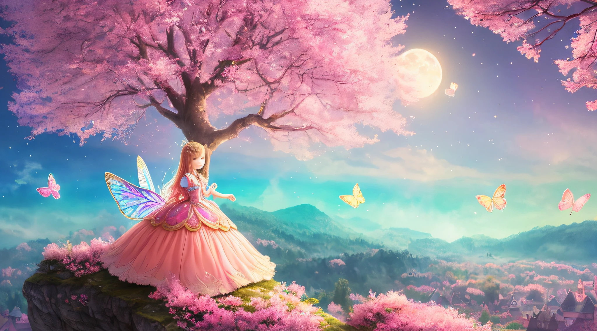A little princess with big watery eyes, rainbow colors, intricate golden details, flapping wings, wearing a princess dress, standing in the distance, pink clouds, moon, pink tree, glowing mushrooms, crystal, butterfly, fantastic castle, picture is pink main color, watercolor painting, pink long hair, sparkling, glowing, anime style, depth of field, backlight, background hazy effect, panorama, uhd, uhd, high quality, best quality, high resolution, 8k