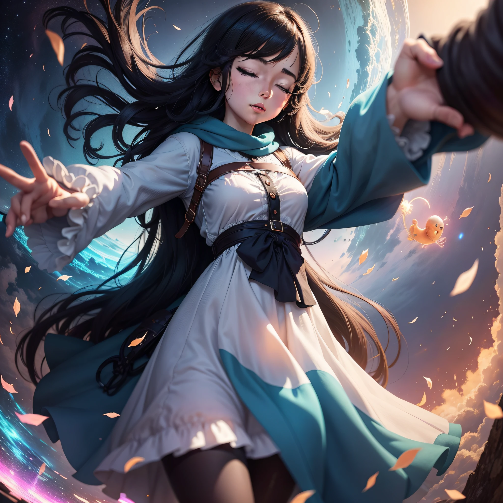 Lily, a young woman with a heart full of dreams, embarked on a whimsical adventure as soon as she closed her eyes. With each sleep, a new world awaited her, filled with dancing colors and talking creatures. It was a place where the laws of reality faded, leaving room for limitless possibilities. Anime girl with blue eyes, with black hair