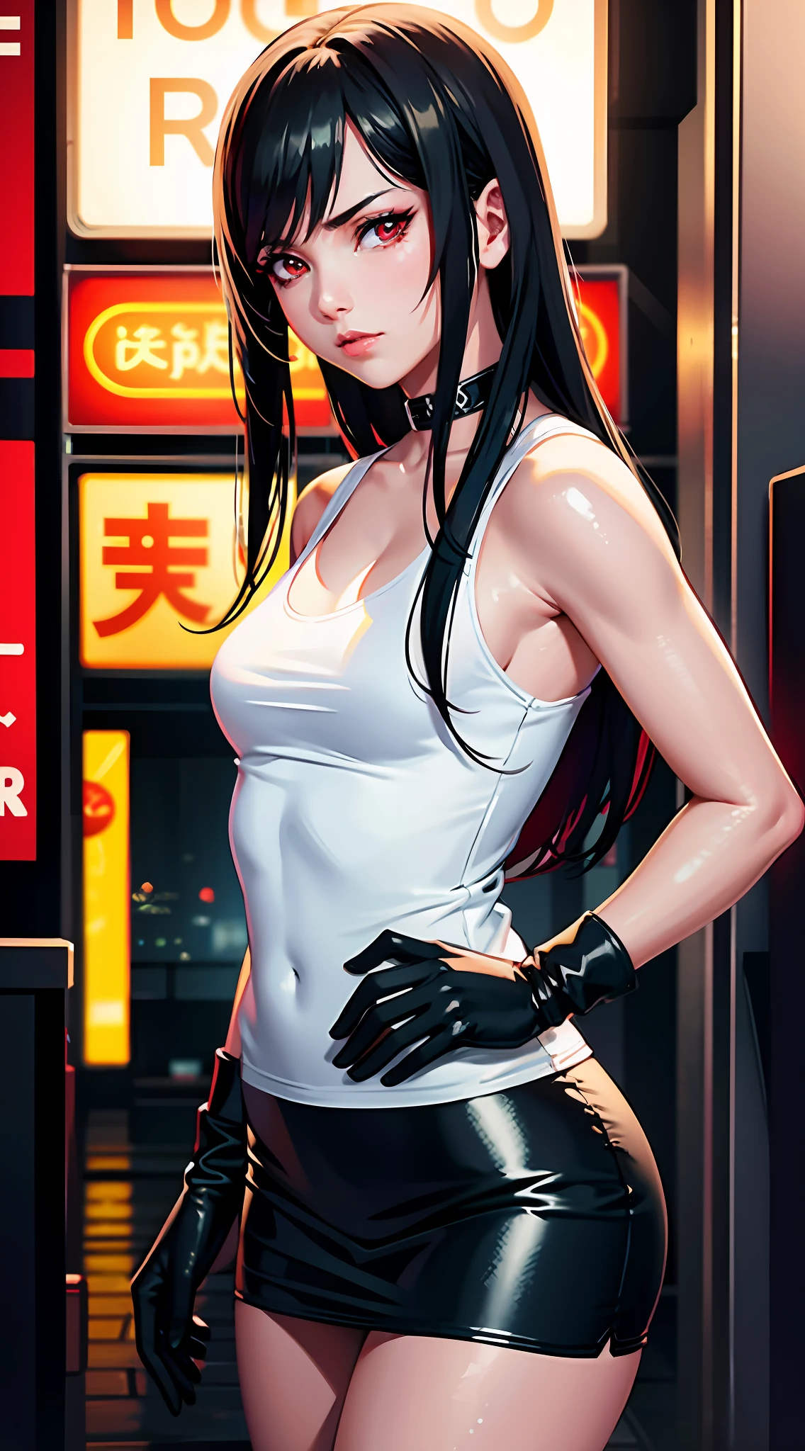 Tifa lockhart, tifa_lockhart, ff7, sultry face, (white tank top:1.2), black latex miniskirt, (black long hair), hair bangs (red eyes:1.3) long eyelashes, beautiful red eyes with brightness, surrealism, shadow, stereogram, (photorealistic, realistic: 1.2), POV, atmospheric perspective, cinematic lighting, ray tracing, 8k, super detail, best quality, masterpiece, well detailed, (Canan EOS R6, 135mm, 1/1250s, f/2.8, ISO 400:0.9), cyberpunk, neon, neon signs, ramen shops, (small breasts) red combat gloves