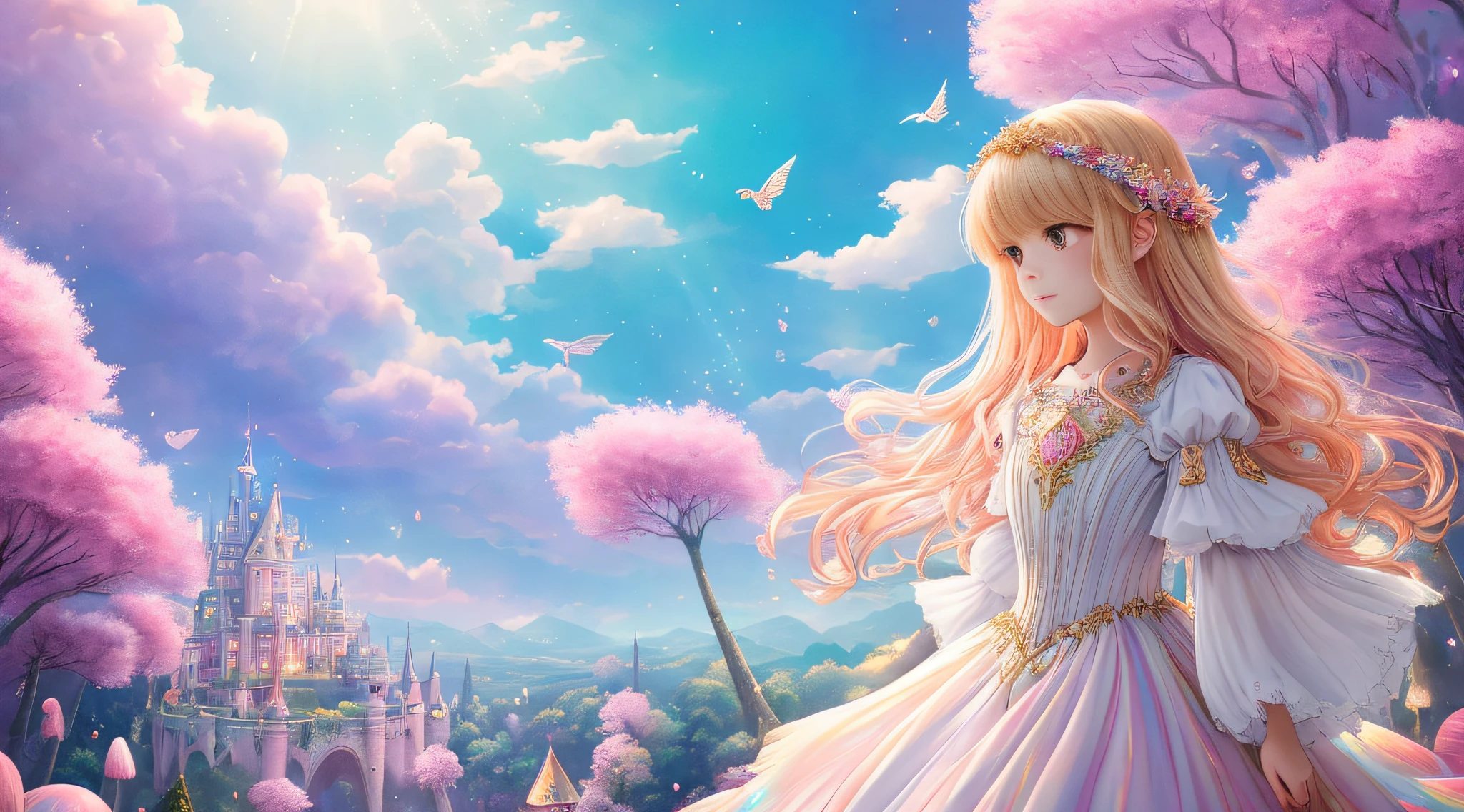 A little princess with big watery eyes, iridescent colors, intricate golden details, flapping wings, wearing a white princess dress, standing in the distance, pink clouds, pink forest, glowing mushrooms, multicolored crystals, fantastic castle, picture is pink main color, watercolor painting by Katy Daisy and Anna Befort, blonde, wavy hair, sparkling, glowing, anime style, romanticism, depth of field, backlight, vignetting, projection inverted, vanishing point, panorama, bokeh, uhd, uhd, uh, High quality, high detail, best quality, high resolution, 8k