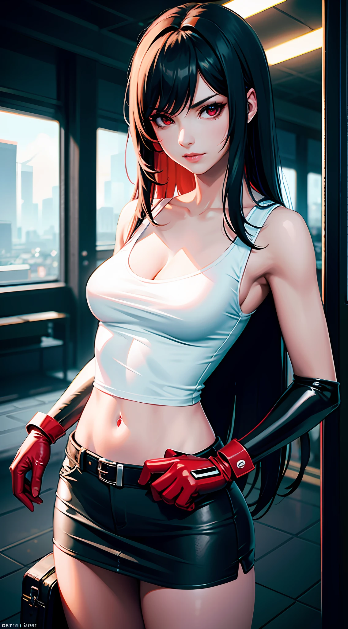 Tifa lockhart, tifa_lockhart, ff7, sultry face, (white tank top:1.2), black latex miniskirt, (black long hair), hair bangs (red eyes:1.3) long eyelashes, beautiful red eyes with brightness, surrealism, shadow, stereogram, (photorealistic, realistic: 1.2), POV, atmospheric perspective, cinematic lighting, ray tracing, 8k, super detail, best quality, masterpiece, well detailed, (Canan EOS R6, 135mm, 1/1250s, f/2.8, ISO 400:0.9), cyberpunk, neon, neon signs, ramen shops, (small breasts) red combat gloves