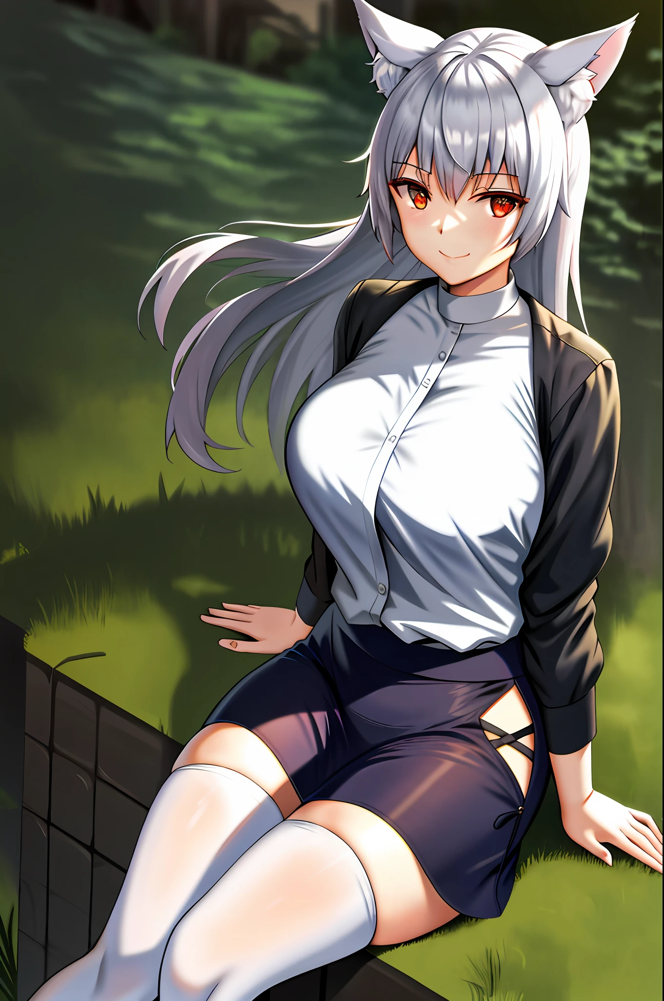 big, wide waist, look at the viewer, smile, white shirt, see-through, red eyes, silver hair, tuck shirt, outdoor, school, masterpiece,1 girl,solo,sila school,big, light smile, outdoors,garden,spring,black_pantyhose,masterpiece, best quality, sfw, cute wolf girl, girl, silver hair, big, sitting, wolf ears,from behind,watch viewer, SFW, Girl, Wolf Tail,Night, Wind, Depth of Field,