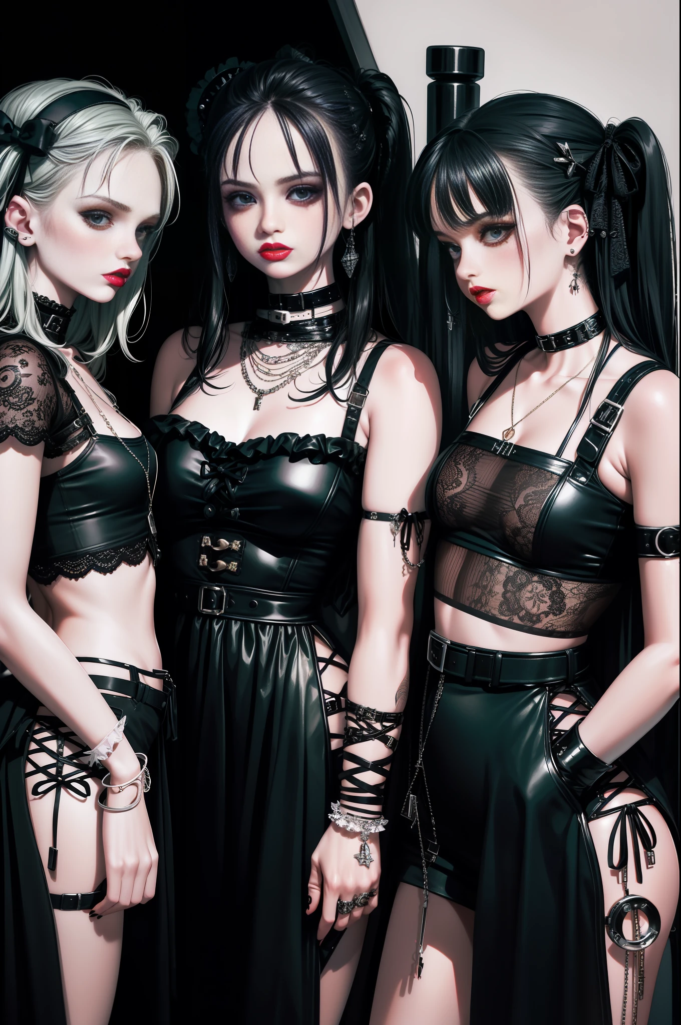 Close-up of three women in different costumes on white background, grunge style, grunge aesthetics, !!!, grunge aesthetics!!! (, sexy gloomy style, grunge aesthetic, grunge fashion, grunge punk rock, Y2K style, y 2 k style, punk style, this set style, gothic style, retro aesthetic, 90s style, vintage look, bow, donuts,