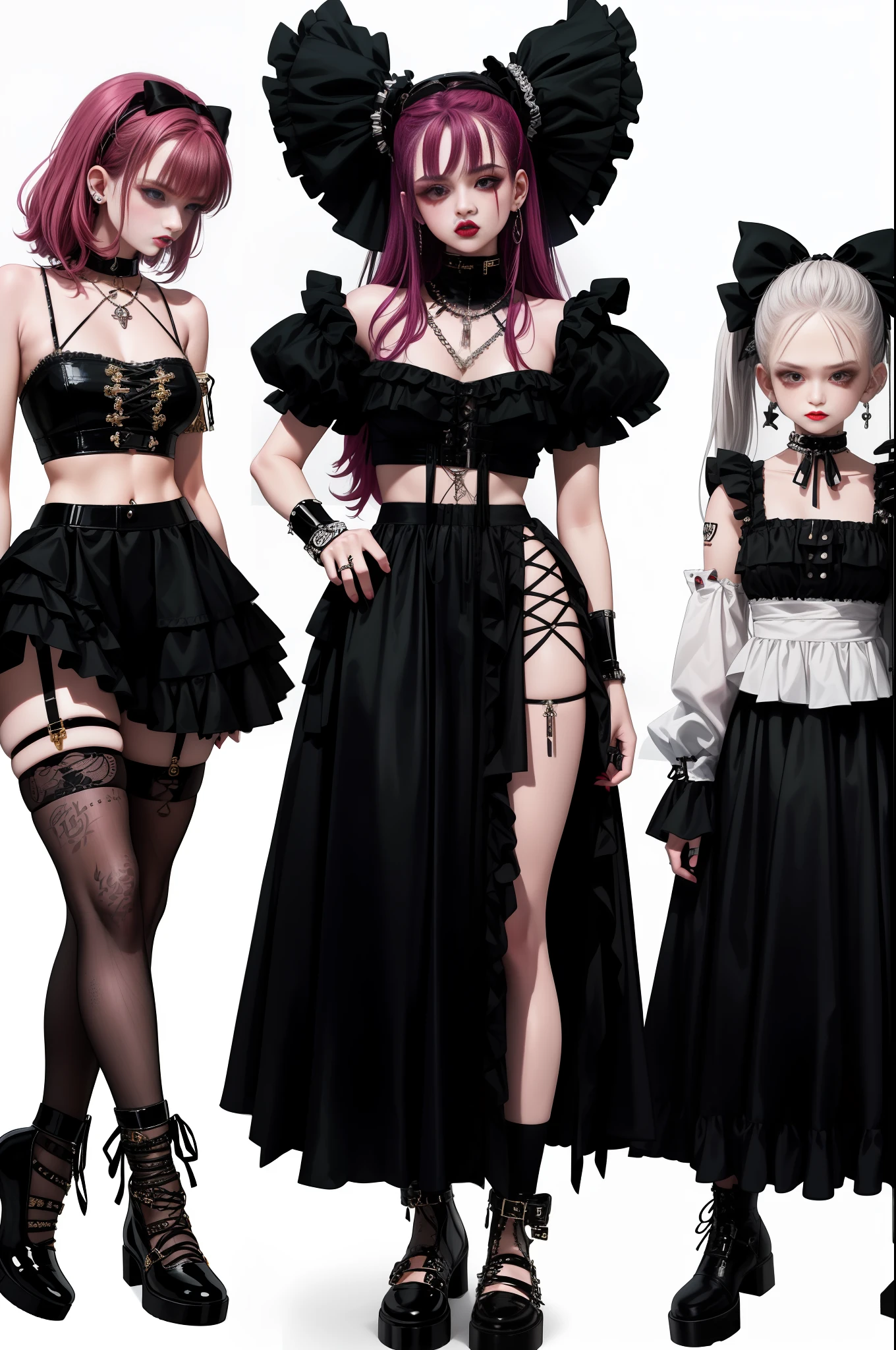 Close-up of three women in different costumes on white background, grunge style, grunge aesthetics, !!!, grunge aesthetics!!! (, sexy gloomy style, grunge aesthetic, grunge fashion, grunge punk rock, Y2K style, y 2 k style, punk style, this set style, gothic style, retro aesthetic, 90s style, vintage look, bow, donuts,