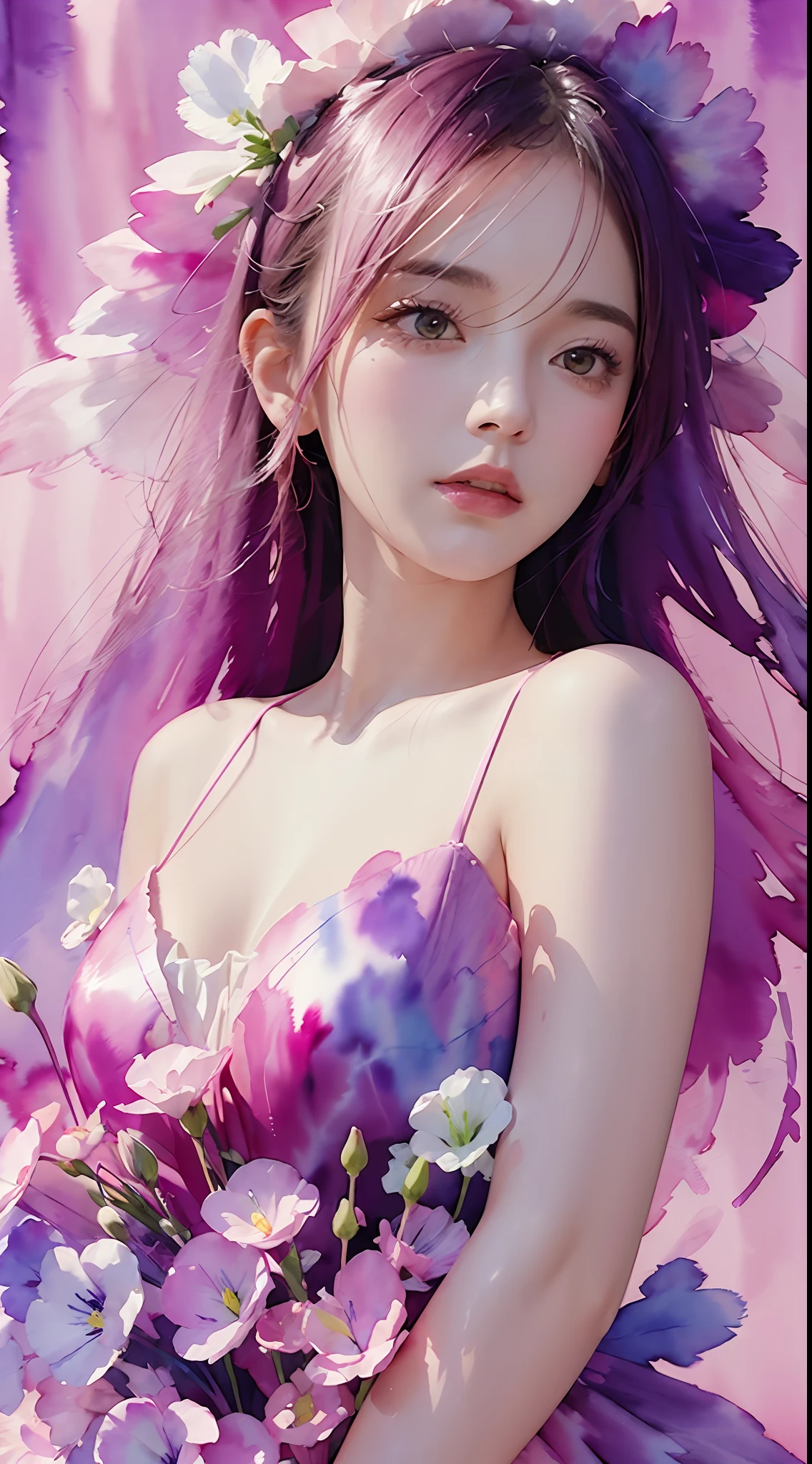 1girl,flower, Lisianthus ,in the style of light pink and light azure, dreamy and romantic compositions, pale pink, ethereal foliage, playful arrangements,fantasy, high contrast, ink strokes, explosions, over exposure, purple and red tone impression , abstract, ((watercolor painting by John Berkey and Jeremy Mann )) brush strokes, negative space,