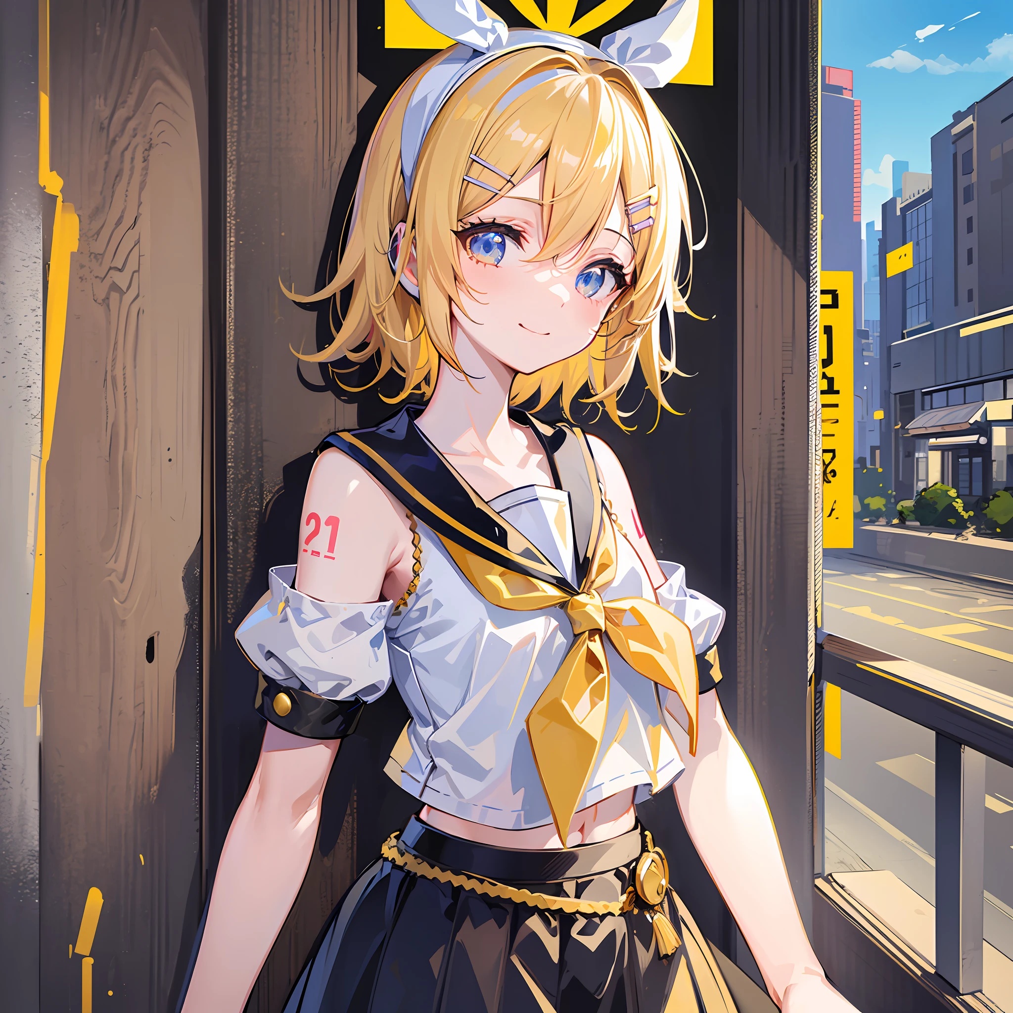 (masterpiece), (best quality), (illustration), (super detailed), (high resolution), absurdity, one girl, (kagamine-rin), (vocaloid), smile, short hair, white hair ribbon, yellow neckerchief, hair clip, shoulder visible, navel glimpsed, sailor suit, black skirt, (blonde), (tattoo of the number 02 on the left arm), very cute girl, Small, young, delicate, touching the back of the head with right hand, outdoors, attention on girl