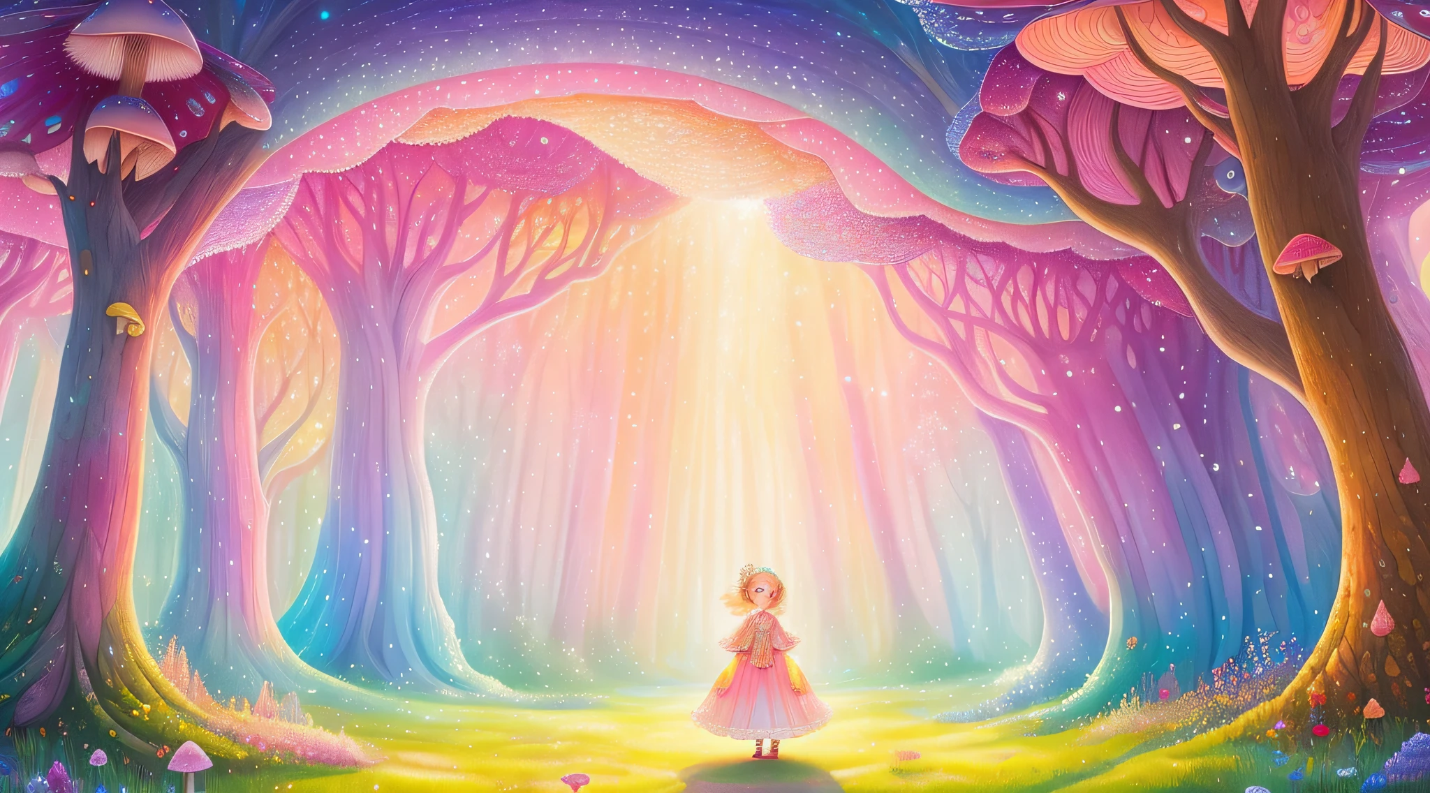 A little girl with pastel colors standing in the golden section of Erba, rainbow-colored scales, intricate golden details, fluttering wings, wearing a princess dress, standing in the distance, enchanting forests, glowing mushrooms, magical crystals, dreamy looming castles, the picture is pink main color, presented by Katie Daisy and Oana Befort in watercolor.