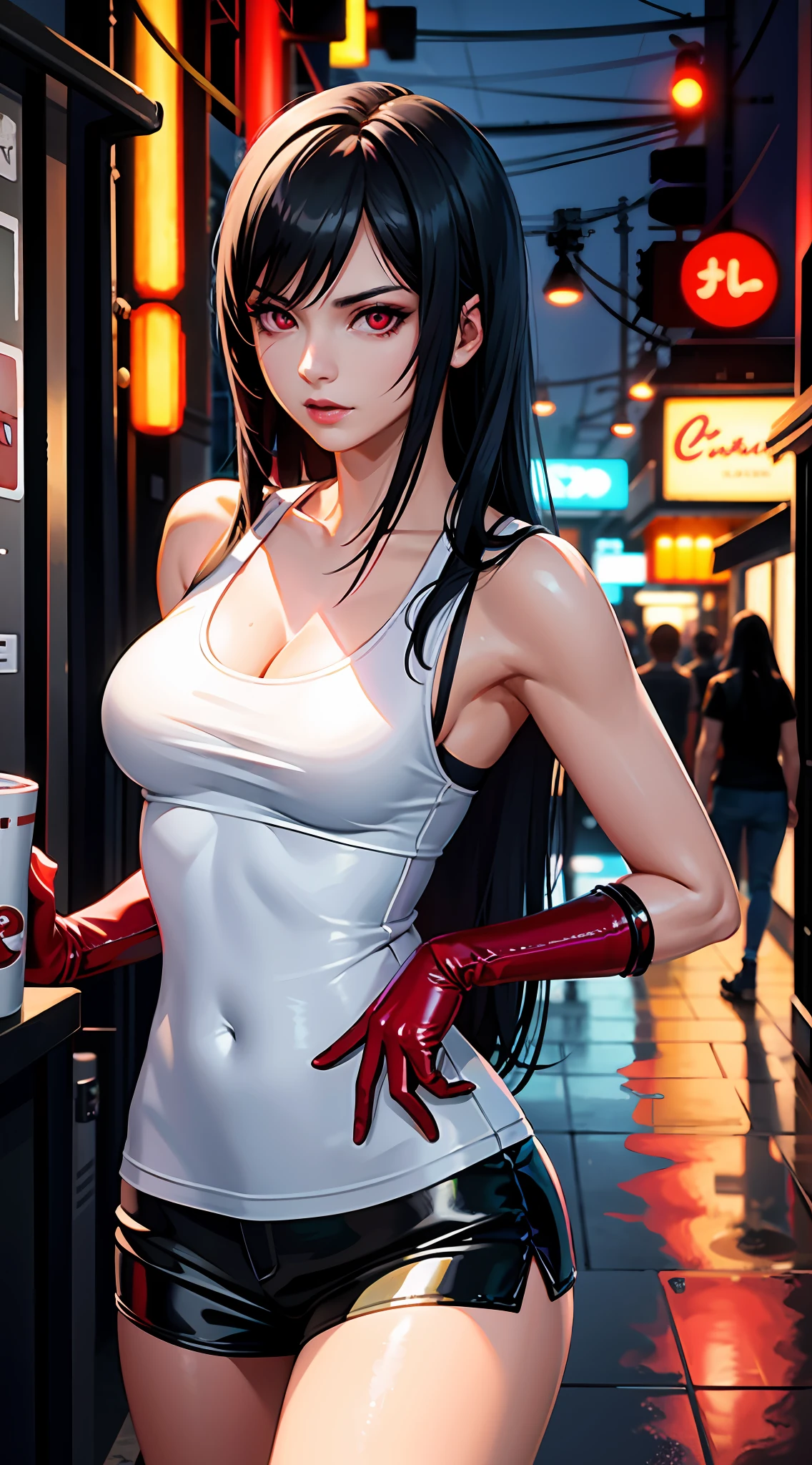Tifa lockhart, tifa_lockhart, ff7, sultry face, (white tank top:1.2), black latex miniskirt, (black long hair), hair bangs (red eyes:1.3) long eyelashes, beautiful red eyes with brightness, surrealism, shadow, stereogram, (photorealistic, realistic: 1.2), POV, atmospheric perspective, cinematic lighting, ray tracing, 8k, super detail, best quality, masterpiece, well detailed, (Canan EOS R6, 135mm, 1/1250s, f/2.8, ISO 400:0.9), cyberpunk, neon, neon signs, ramen shops, (medium breasts) red combat gloves