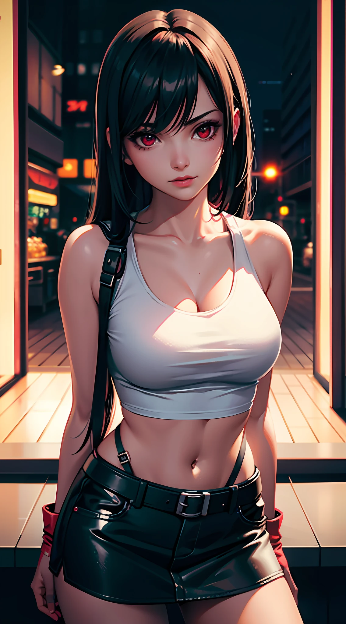 Tifa lockhart, tifa_lockhart,  ff7, sultry face, (white tank top:1.2), black latex miniskirt, (black long hair), hair bangs (red eyes:1.3) long eyelashes, beautiful red eyes with brightness, surrealism, shadow, stereogram, (photorealistic, realistic: 1.2), POV, atmospheric perspective, cinematic lighting, ray tracing, 8k, super detail, best quality, masterpiece, well detailed, (Canan EOS R6, 135mm, 1/1250s, f/2.8, ISO 400:0.9), cyberpunk, neon, neon signs, ramen shops, (medium breasts) red combat gloves